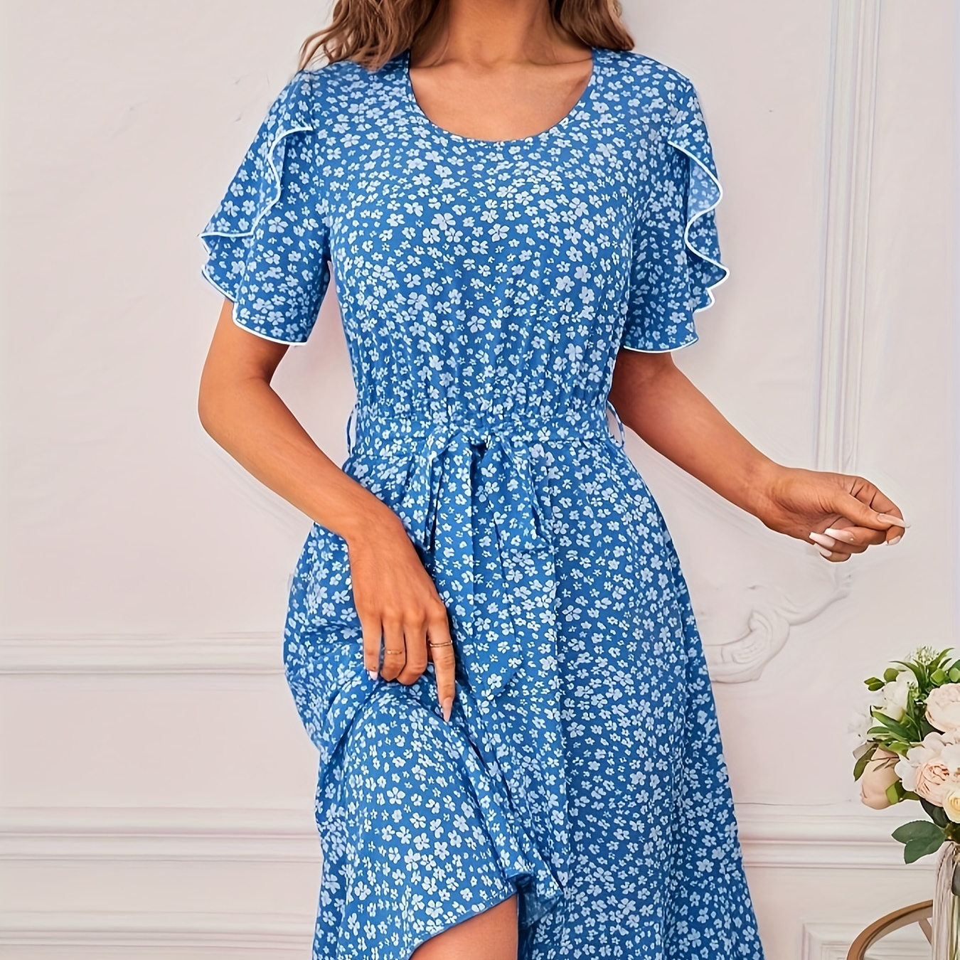 

Floral Print Crew Neck Dress, Elegant Petal Sleeve Belted A-line Dress For Spring & Summer, Women's Clothing