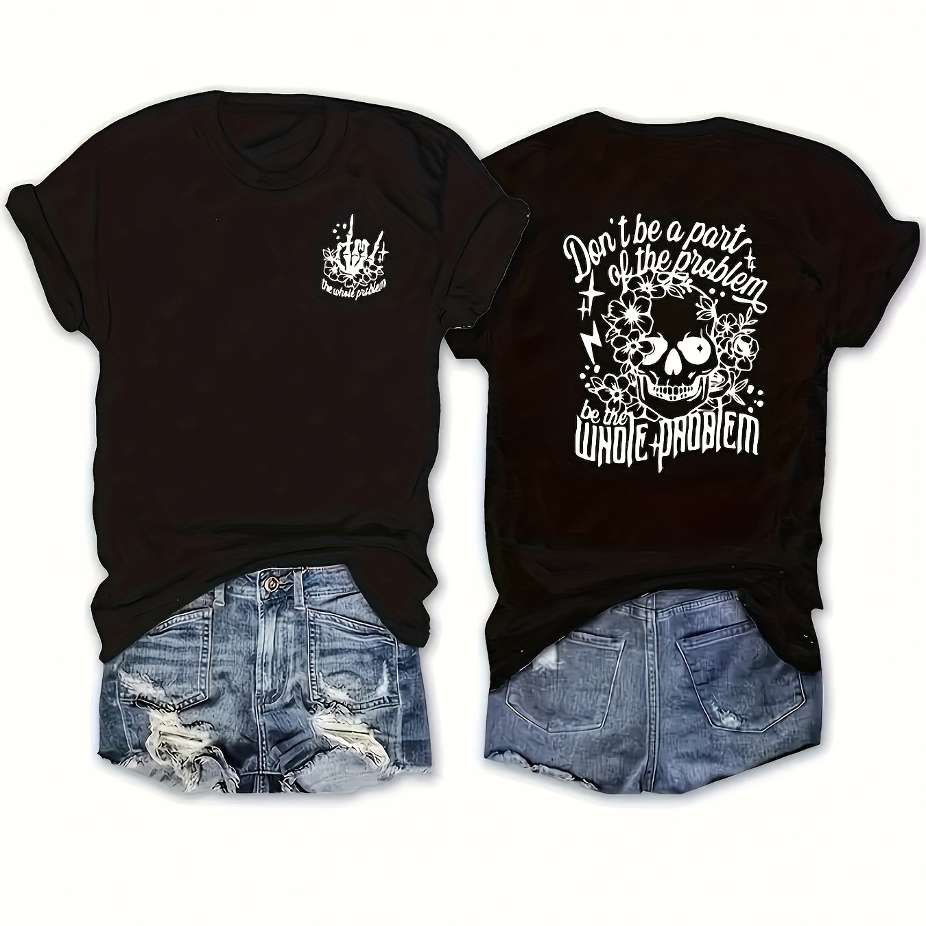 

Skull & Letter Print Crew Neck T-shirt, Casual Short Sleeve Top For Spring & Summer, Women's Clothing
