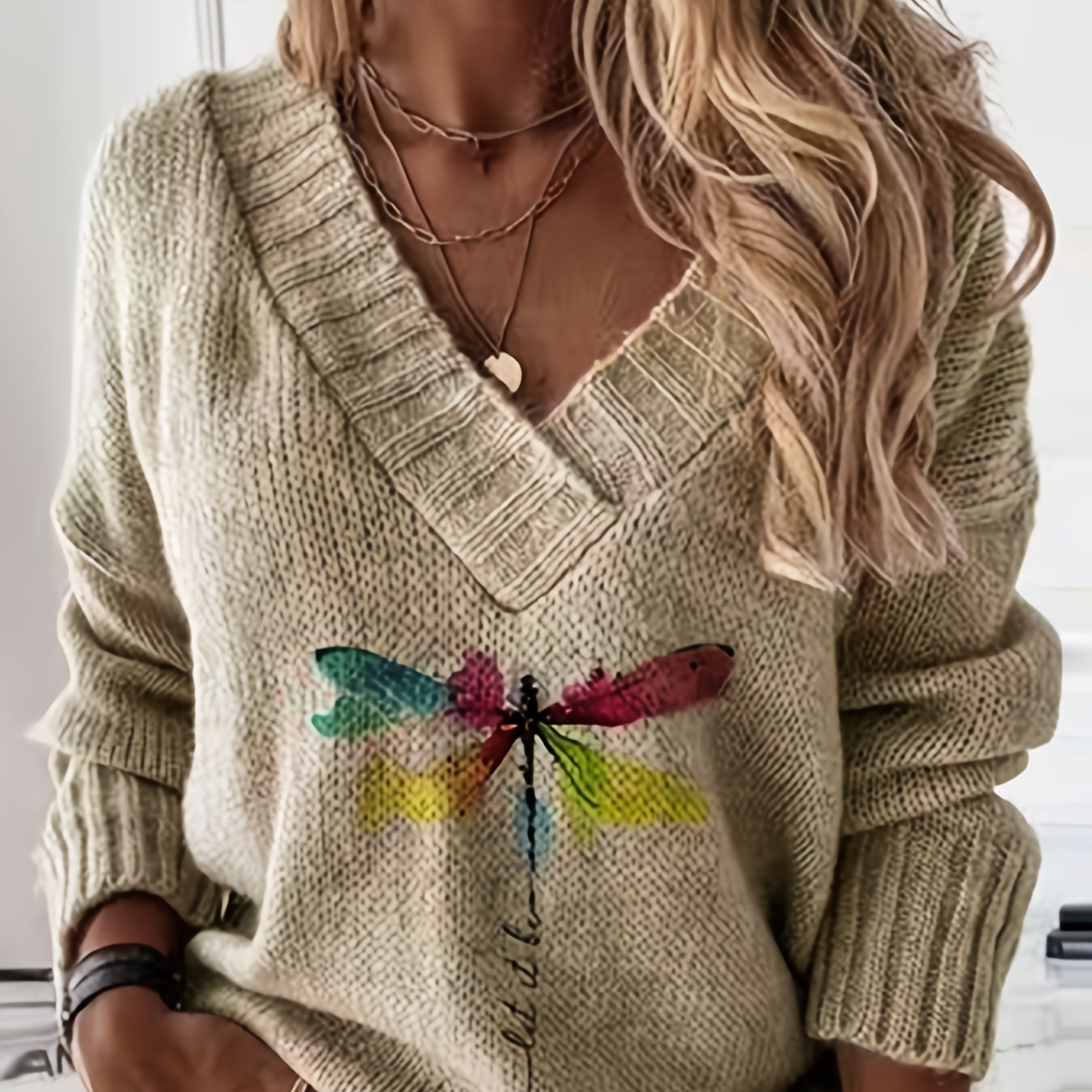 Dragonfly Pattern V Neck Pullover Sweater, Casual Long Sleeve Sweater For Spring & Fall, Women's Clothing