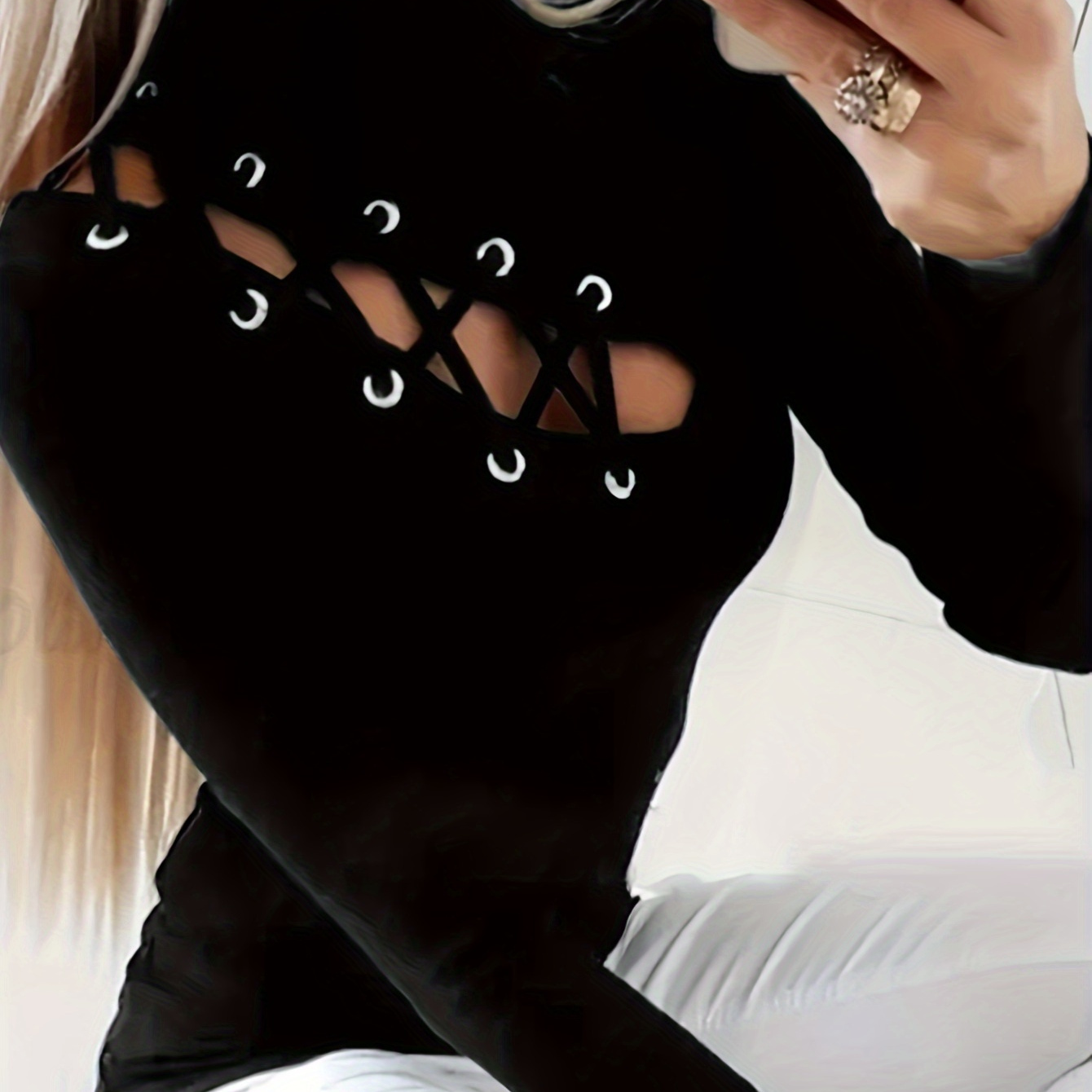 

Cutout Cross Front Mock Neck T-shirt, Casual Long Sleeve Top For Spring & Fall, Women's Clothing