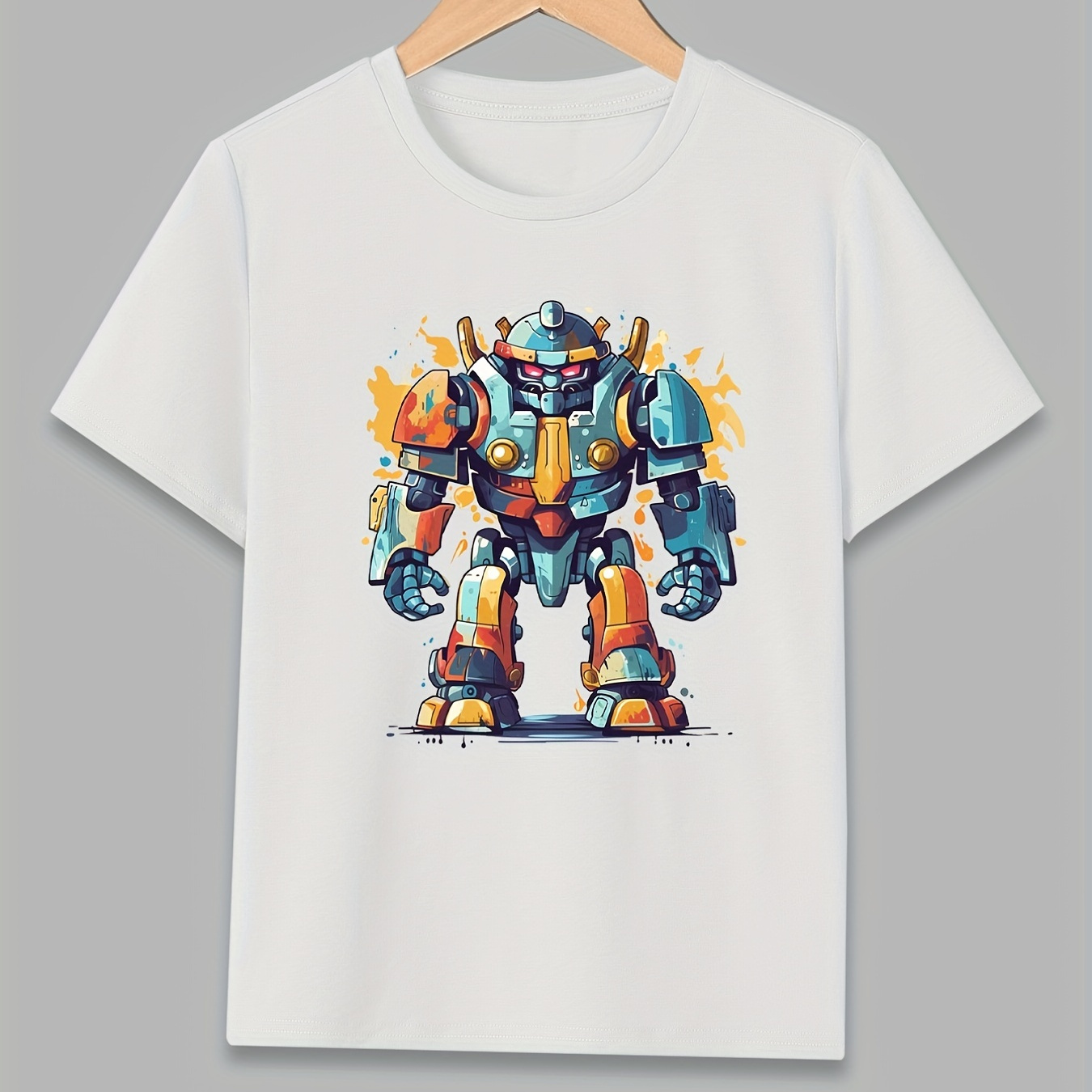 

Trendy Robot Print Boys Creative T-shirt, Casual Lightweight Comfy Short Sleeve Tee Tops, Kids Clothings For Summer