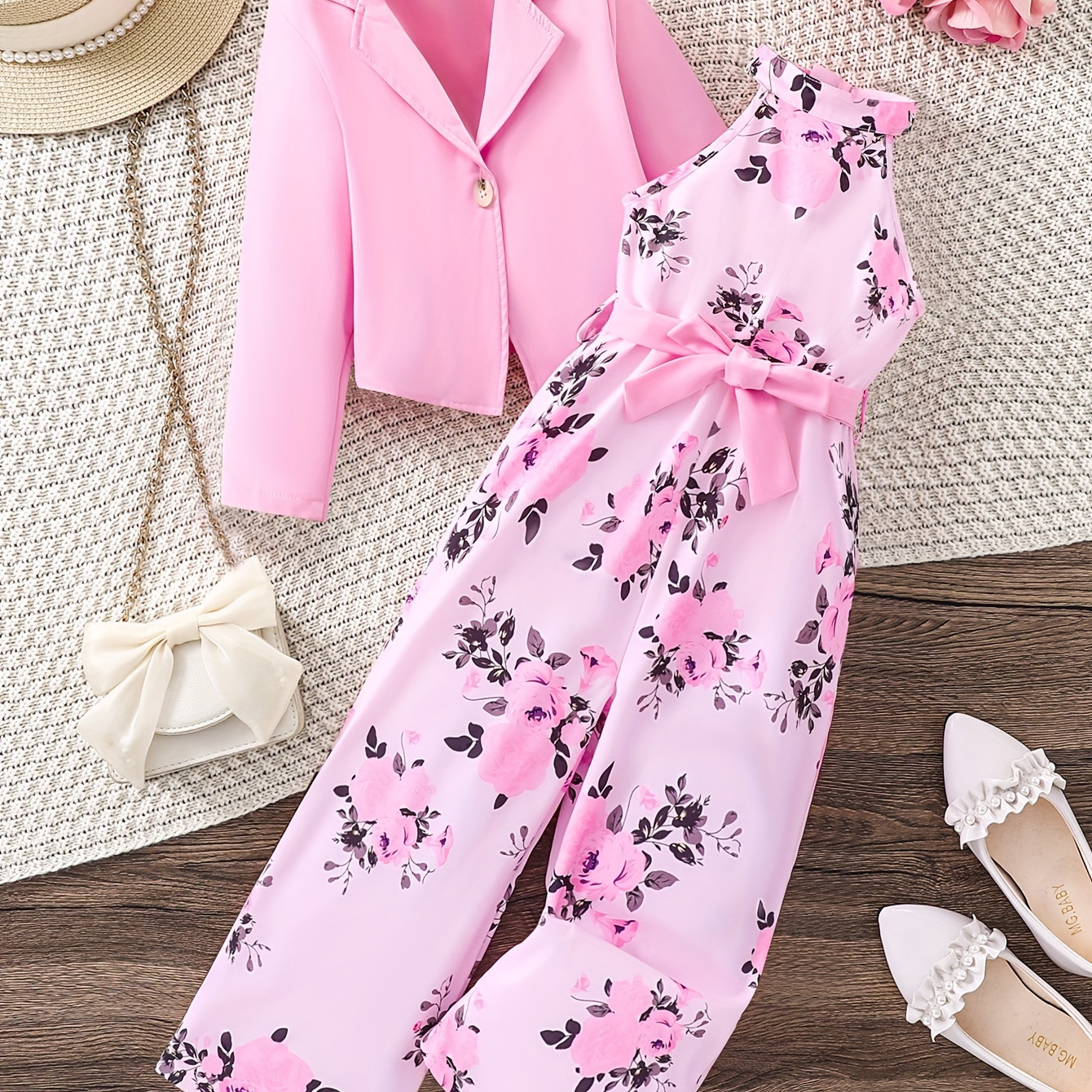 

2pcs Girls Stylish & Elegant Outfit, Allover Flowers Pattern Halter Neck Belted Jumpsuit & Long Sleeve Lapel Collar Coat For Spring & Fall Outdoors