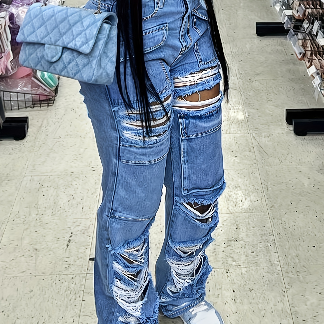 

Women's Ripped Irregular Distressed Denim Straight-leg Pants, Casual Style, High-waisted Long Jeans Fashion Trend