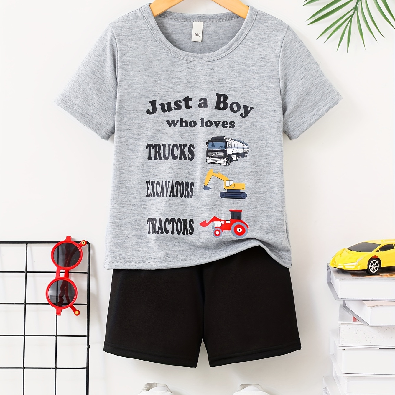 

2pcs Boys Casual Just A Boy Who Love Trucks Excavator Tractor Letter Graphic Print Short Sleeve T-shirt & Shorts Set, Comfy Summer Boys Clothes