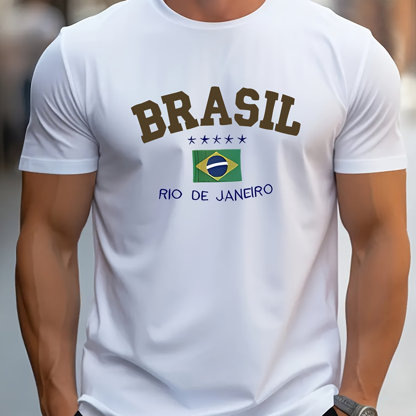 

BRASIL Creative Print Novelty T-Shirt pour hommes, T-shirt à manches courtes pour l'été et le printemps, coupe confortable, T-shirt élégant à col rond pour tous les jours