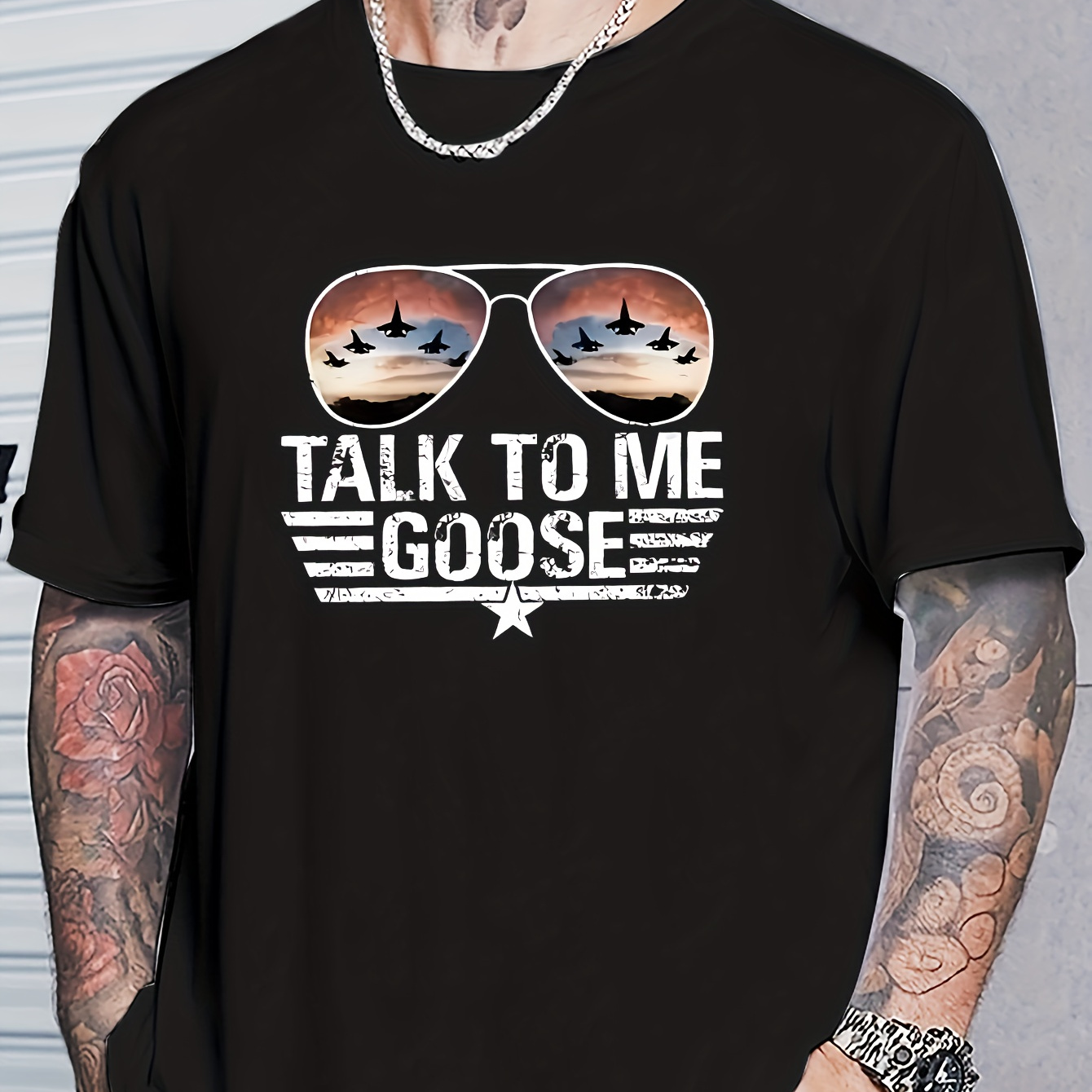 

Men's Casual T-shirt, "talk To Me Goose" & Sunglasses Graphic Print Tees For Summer, Men's Clothing, Plus Size