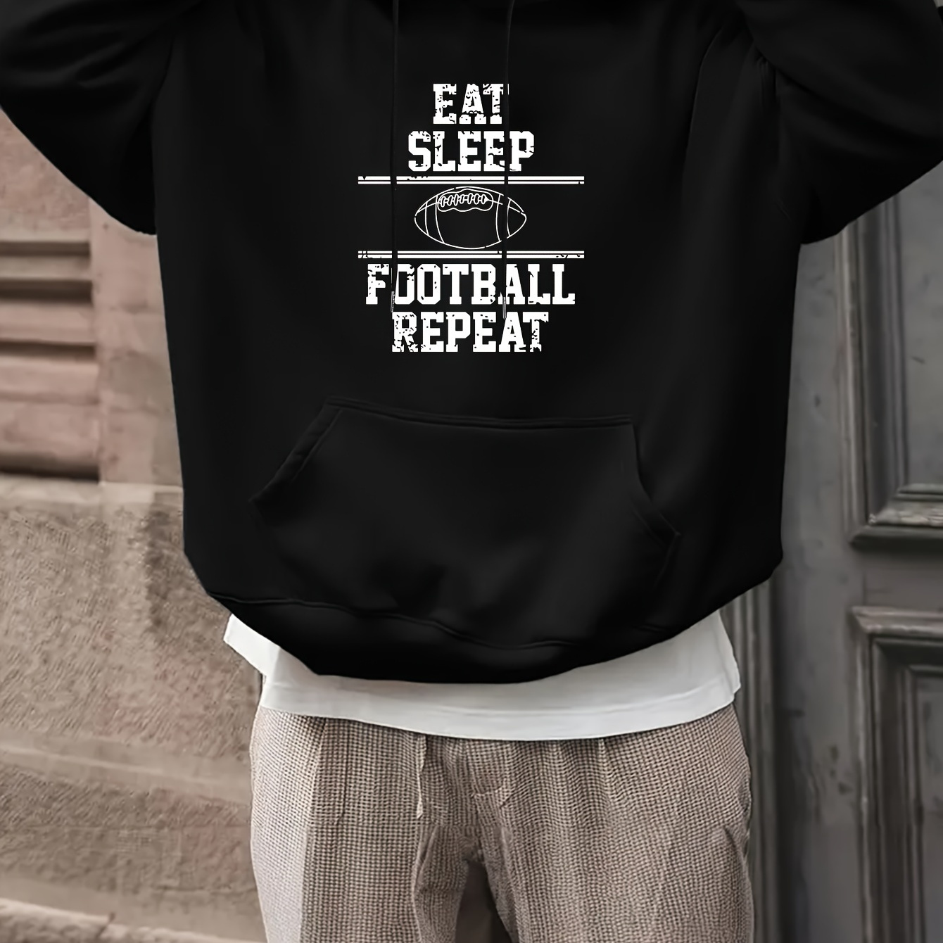 

Eat Sleep Football Repeat Print, Men's Fashion Casual Hoodie With Drawstring And Kangaroo Pocket Design, Comfy Long Sleeves Pullover Hoodie, Autumn And Winter Top For Men