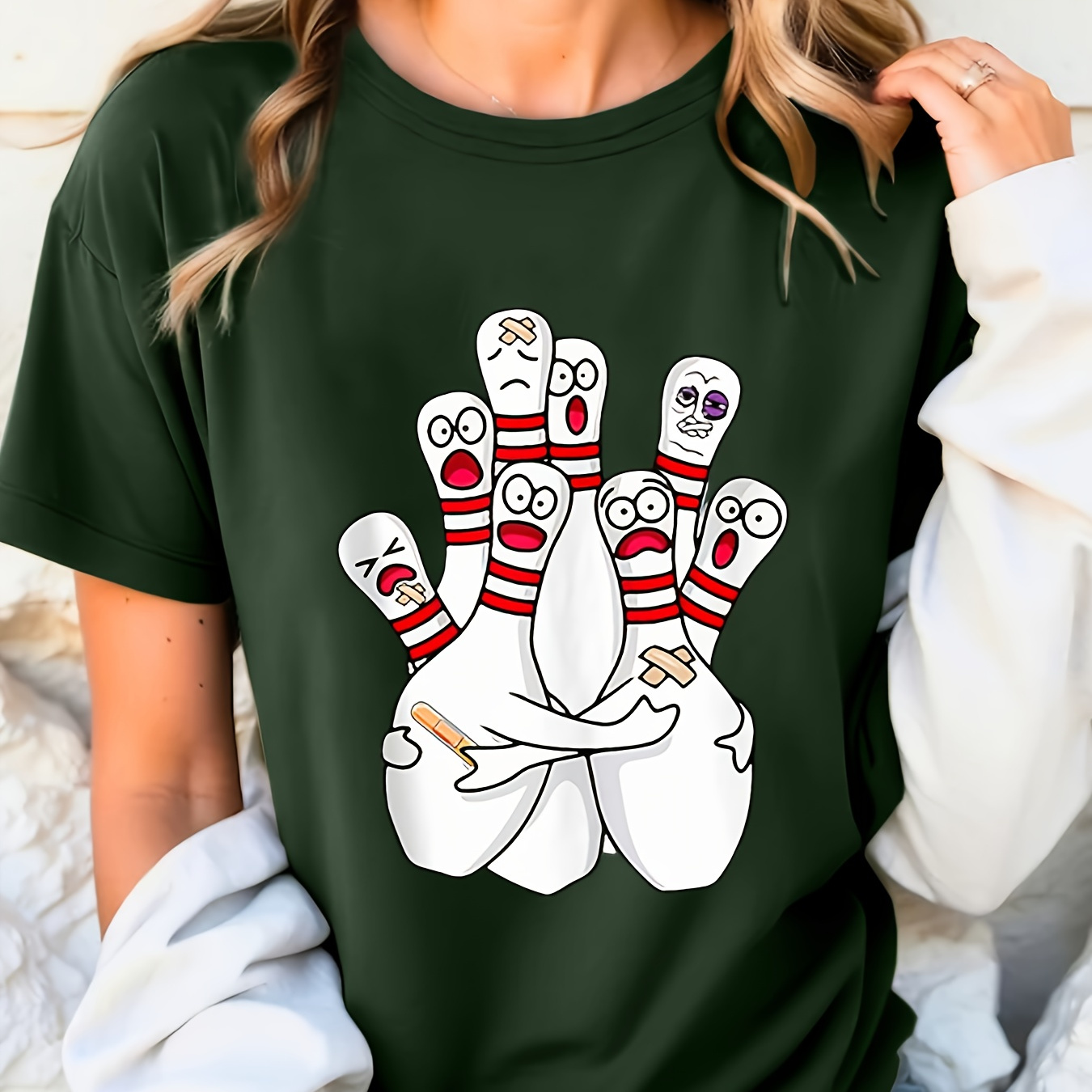 

Bowling Print T-shirt, Short Sleeve Crew Neck Casual Top For Summer & Spring, Women's Clothing