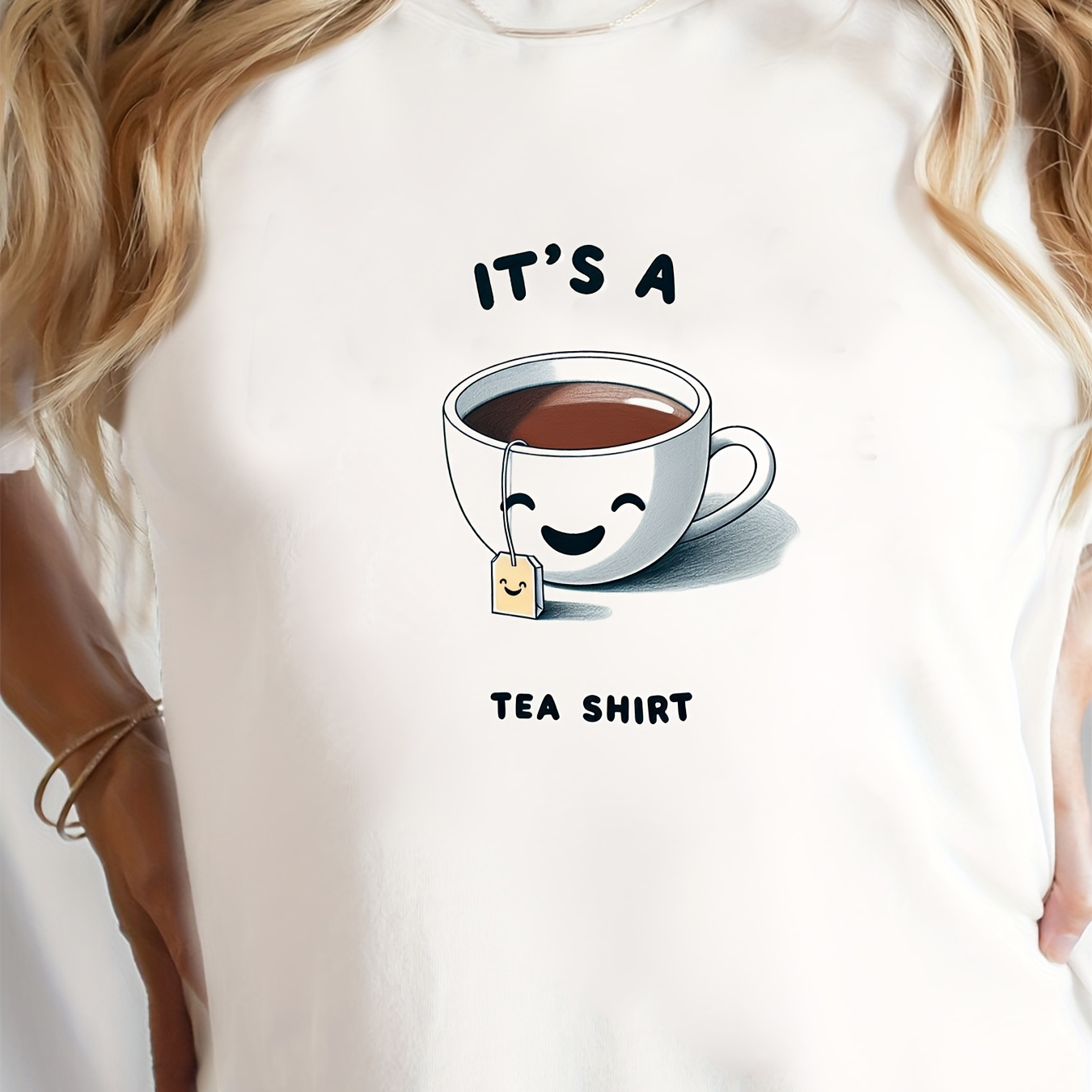 

Funny Tea Print Crew Neck T-shirt, Short Sleeve Casual Top For Summer & Spring, Women's Clothing