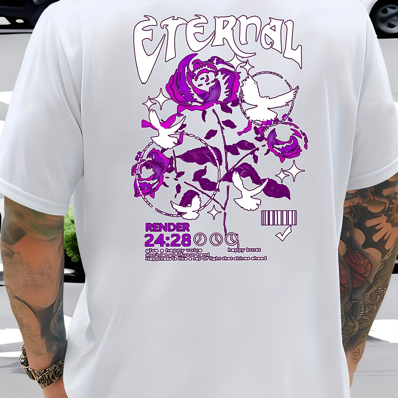 

Eternal Rose Print Men's Casual T-shirt, Trendy Short Sleeve Comfy Versatile Summer Tee Tops
