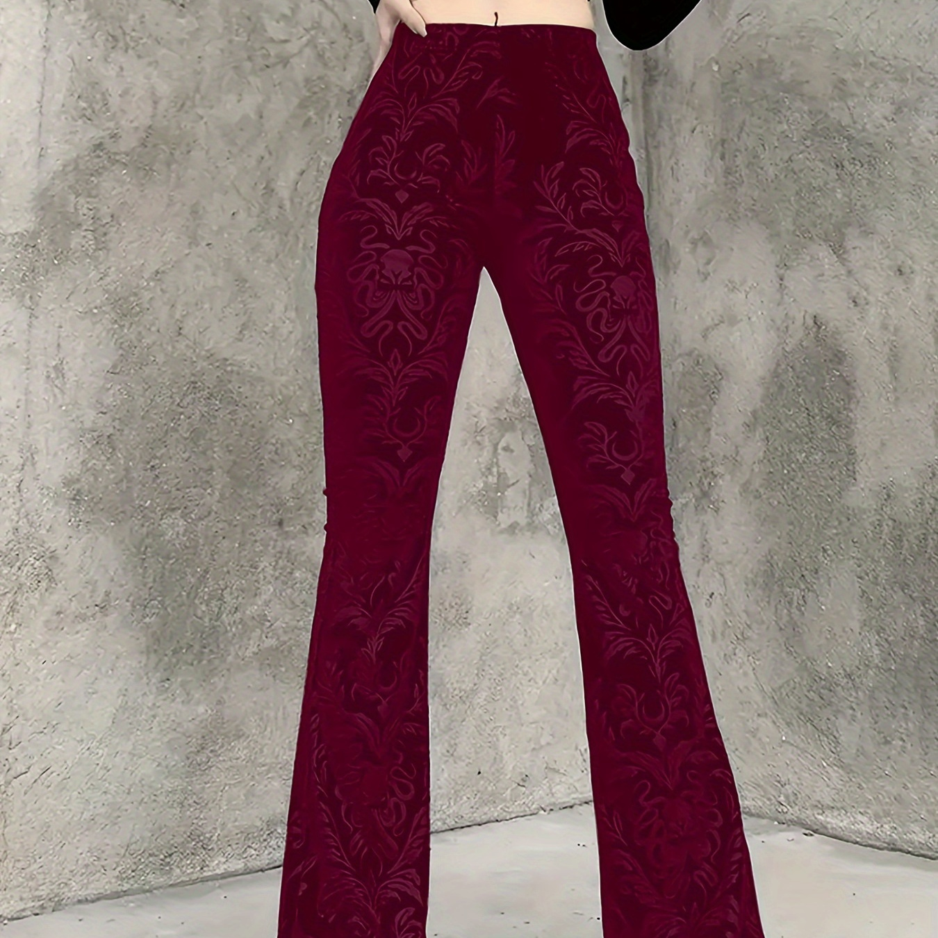 

1pc Elegant Floral Print Velvet High-waisted Flare Pants For Women, Stretchy Casual Polyester Bell Bottoms, For Adults, Autumn/winter Season