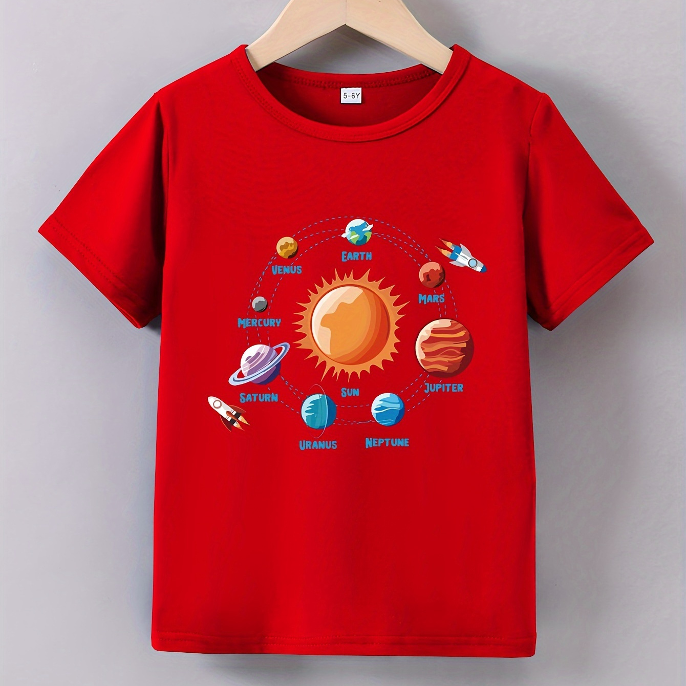 

Boys Casual T-shirt, Solar System Print Breathable Comfortable Crew Neck Top, Boys Summer Clothing