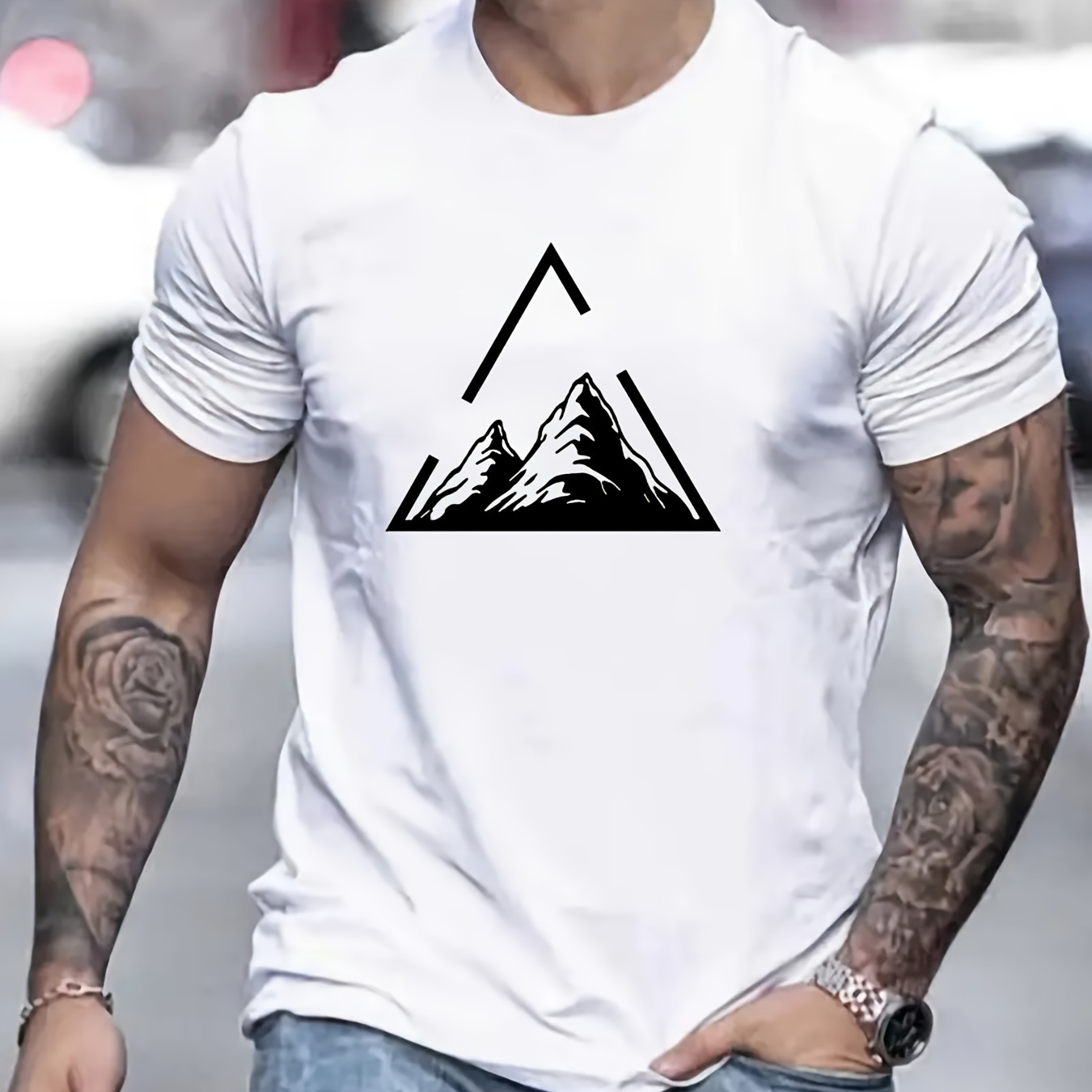 

Mountain In Triangle Pattern Men's T-shirt For Summer Outdoor, Trendy Male Clothing, Gift For Men