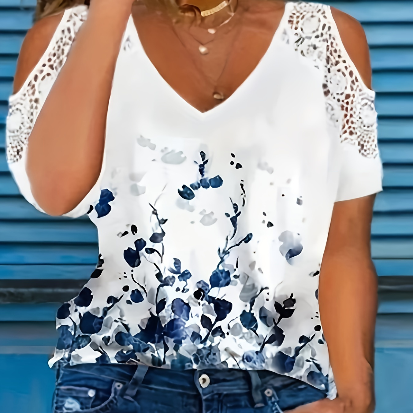 

Floral Print V Neck Blouse, Casual Contrast Lace Short Sleeve Blouse For Spring & Summer, Women's Clothing