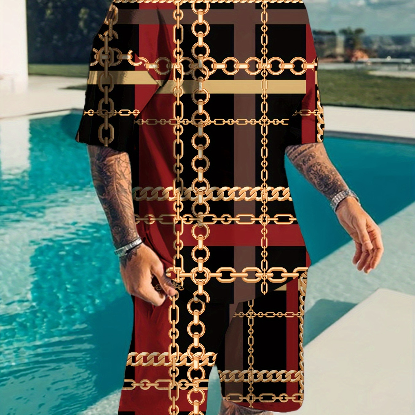 

2pcs, Men's Gold Chains Grid Print Short Sleeve T-shirt And Shorts Set