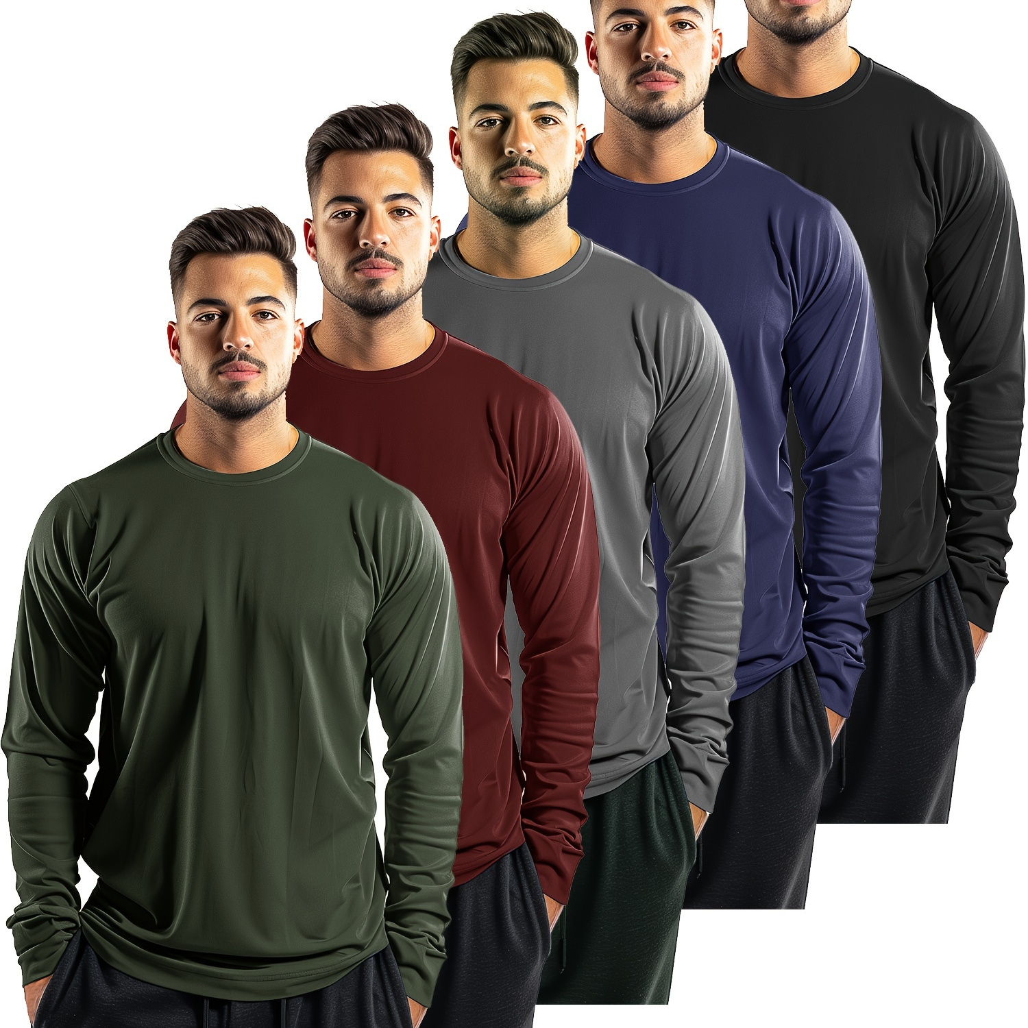 

Men's 5pcs Set Of Solid Color Crew Neck Long Sleeve T-shirts, Quick Dry And Moisture Wicking Sun Protection Shirts For Men, Casual Tops For Fitness And Outdoors Activities