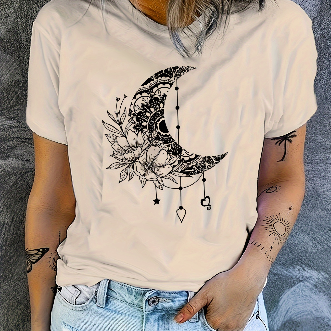 

Moon & Floral Print T-shirt, Casual Crew Neck Short Sleeve Top For Spring & Summer, Women's Clothing
