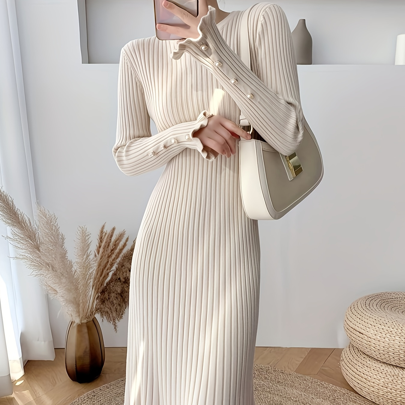 

Ribbed Ruffle Hem Dress, Elegant Solid Long Sleeve Bodycon Dress, Women's Clothing