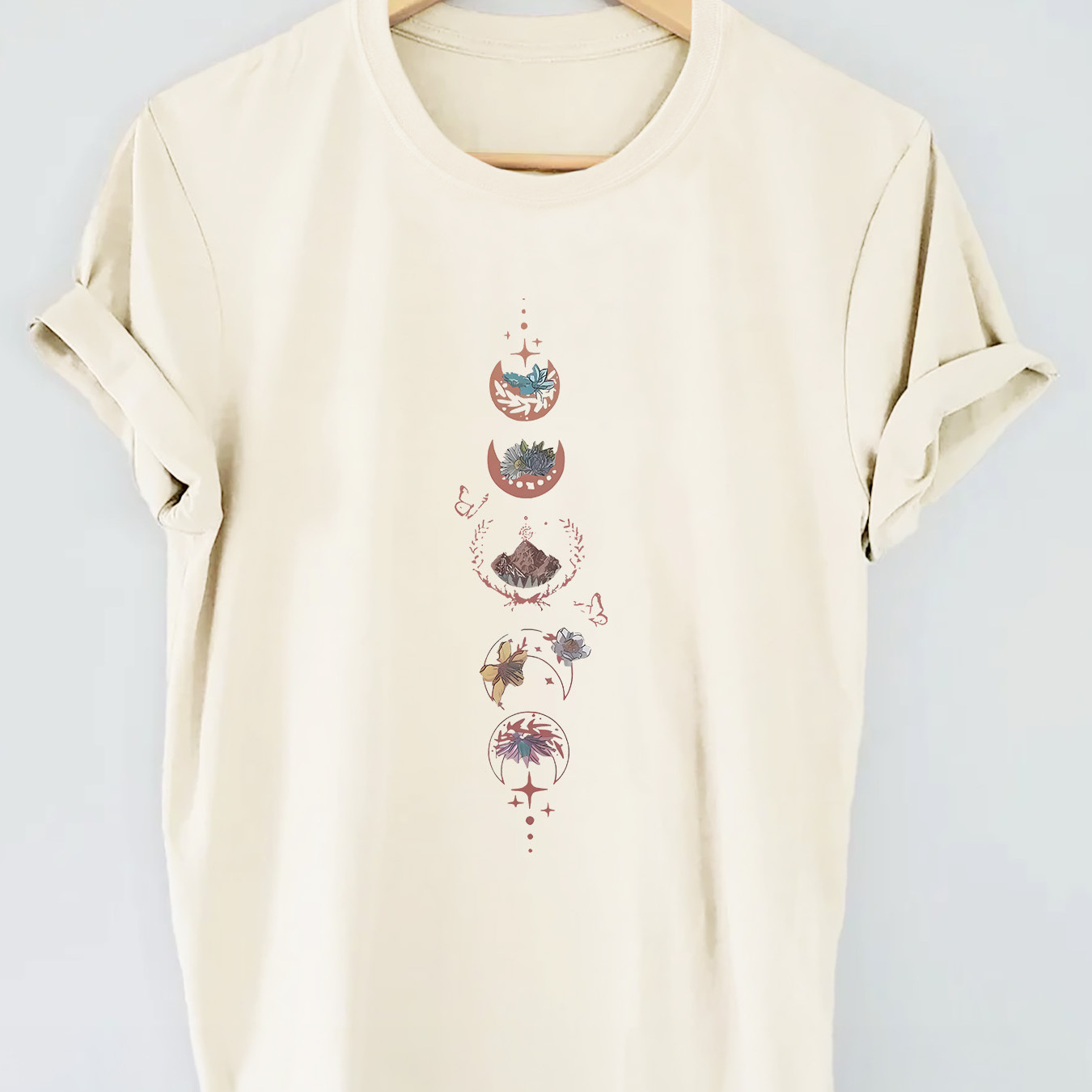 

Moon & Plant Print T-shirt, Short Sleeve Crew Neck Casual Top For Summer & Spring, Women's Clothing