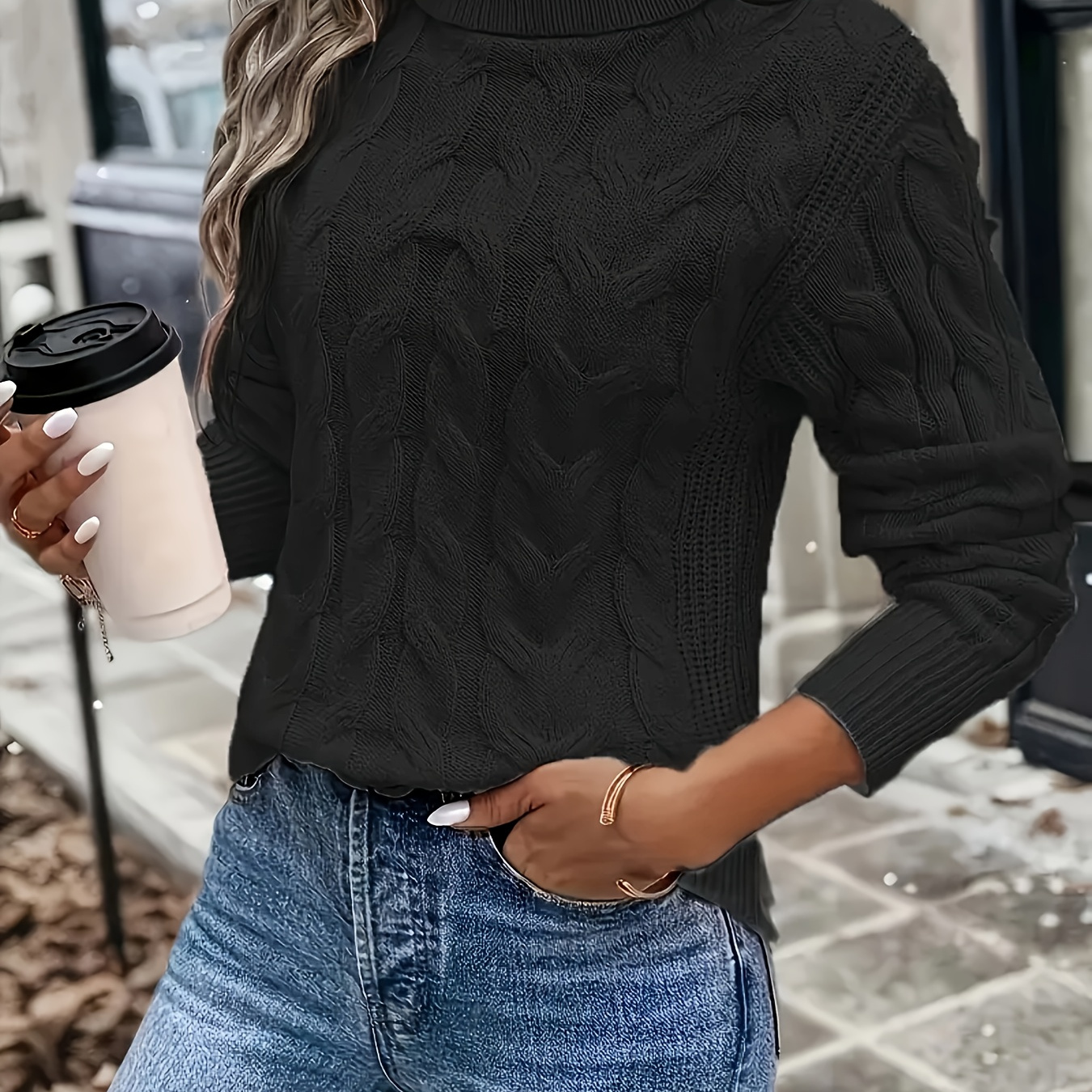 

Elegant Turtleneck Sweater For Women - Casual Twist Cable Knit, Long Sleeve, Solid Color, Machine Washable - Spring & Fall