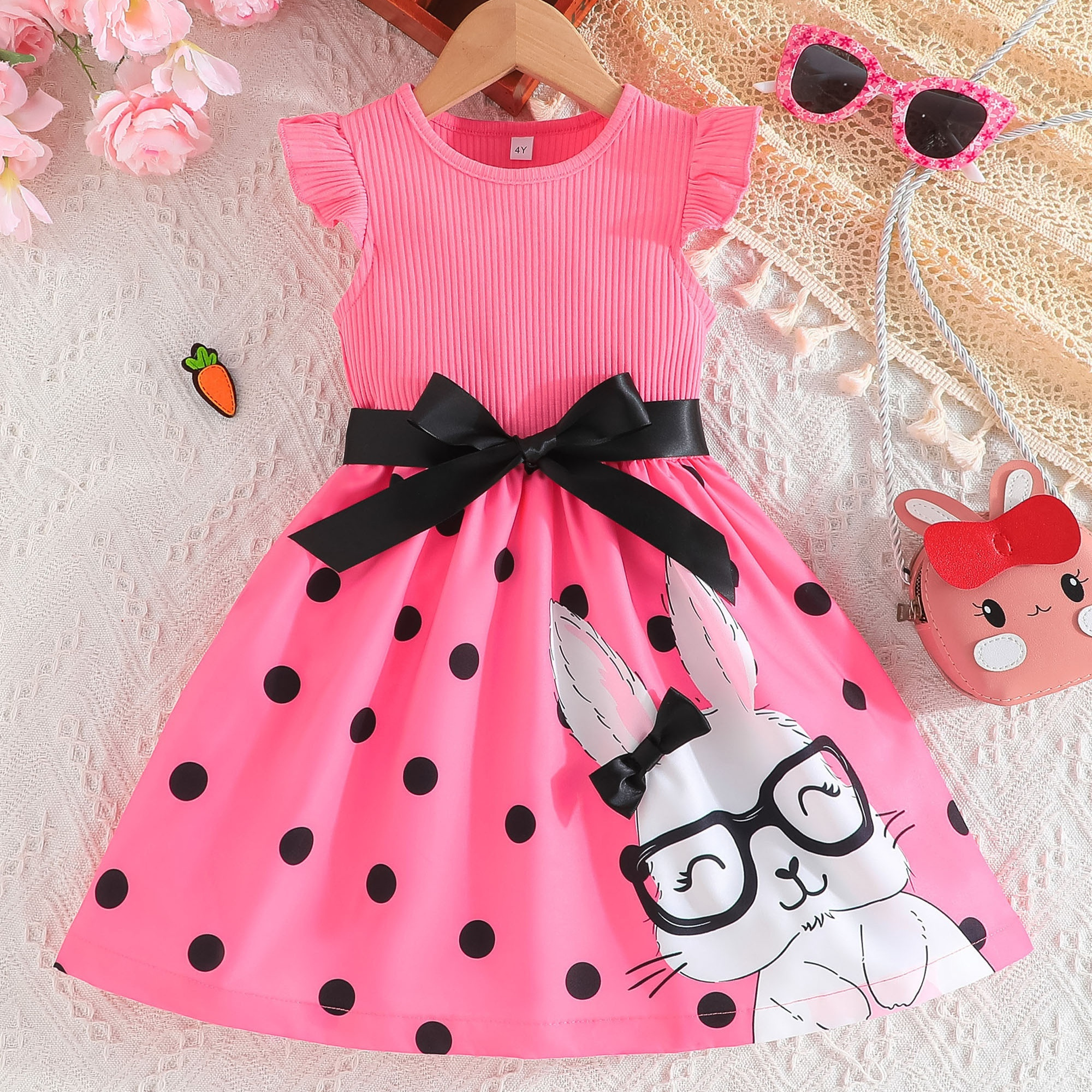 

Girls Cute 93% Cotton Polka Dot Print Bunny Graphic Crew Neck Dress Sweet Dresses For Summer