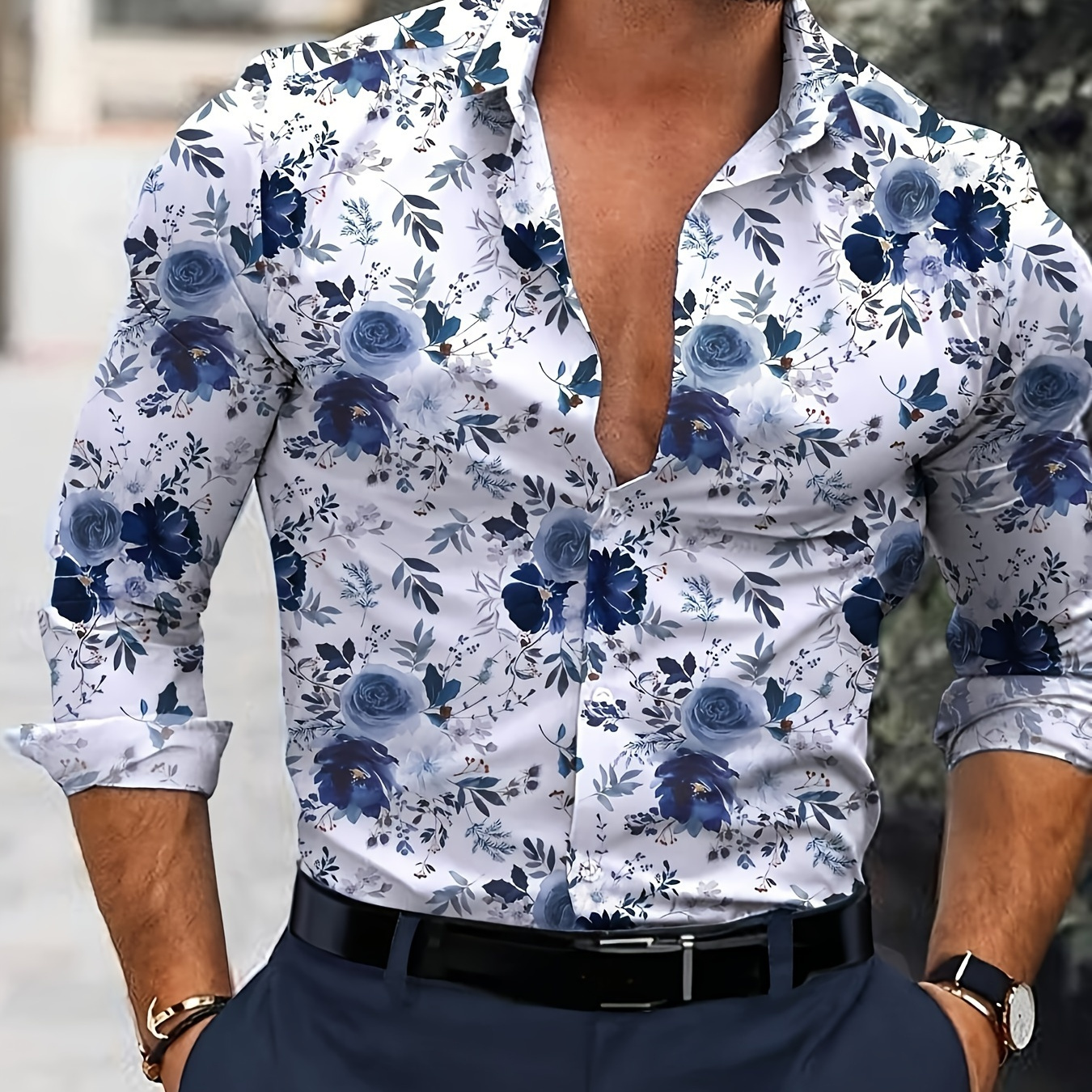 

Men's Floral Print Long Sleeve Shirt - Casual Polyester Blouse With Spandex, Lapel Collar, Single Breasted , Woven Fabric, Regular Fit For Spring/fall, 120gsm - Weekend Party Flower Shirt