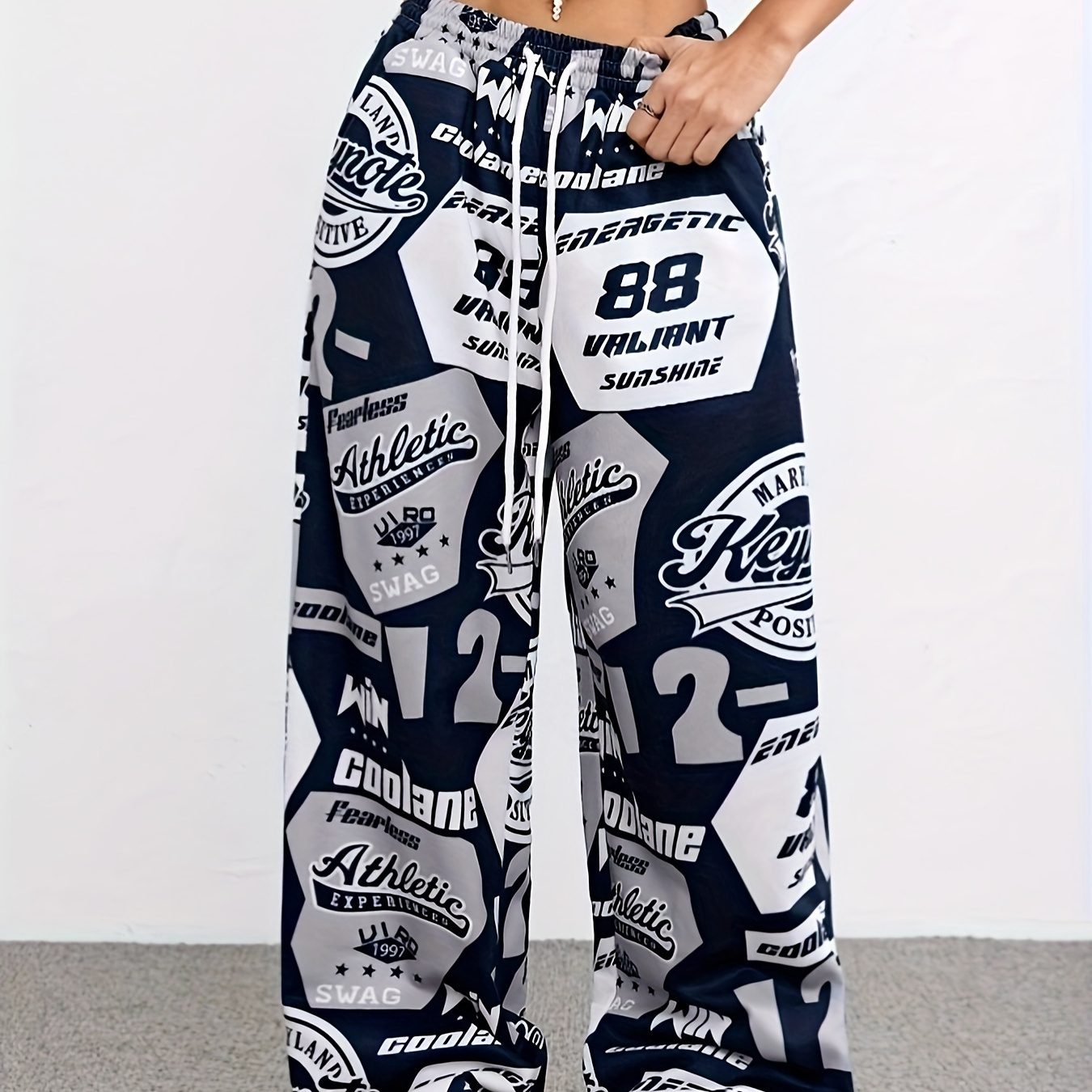 

Y2k Style Women's Athletic Sweatpants, Polyester & Spandex , Knit Fabric, Alphabet Print, Wide Leg, With Pockets For Casual Pants