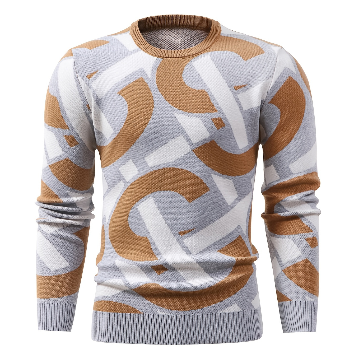 

1pc Men' Geometric-pattern Knit Sweater, Casual Crew Neck Long Sleeve Pullover With Rib-knit Detail, High Stretch Polyester For Fall/winter