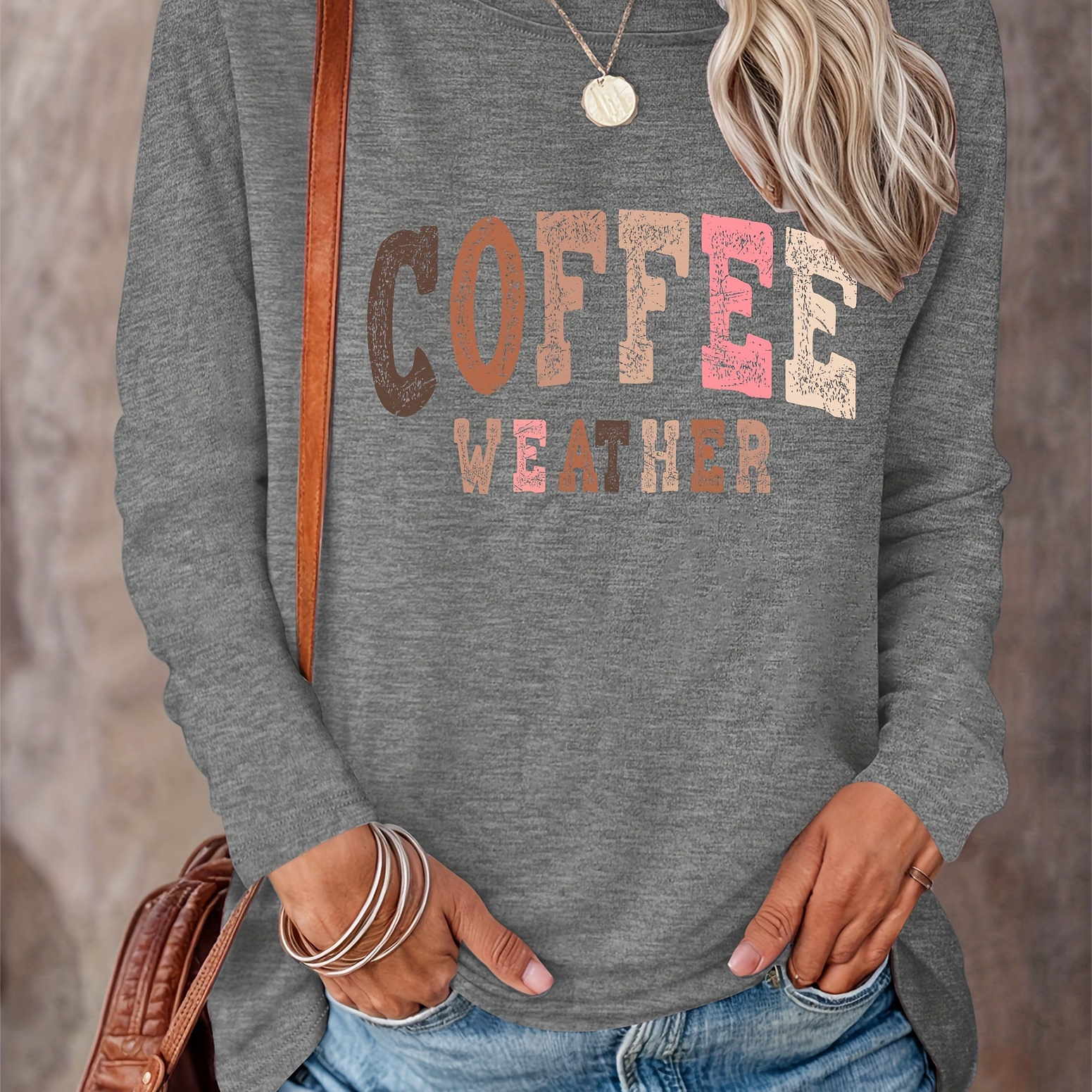 

Coffee Letter Print T-shirt, Long Sleeve Crew Neck Casual Top For Spring & Fall, Women's Clothing