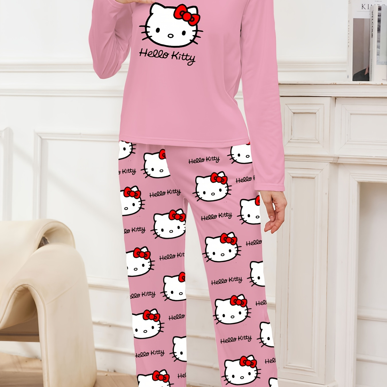 

Sanrio Hellokitty Women' Pajama Set, Long Sleeve Round Neck Top And Pants, Comfortable Loose Fit, Sanrio Autumn And Winter Style