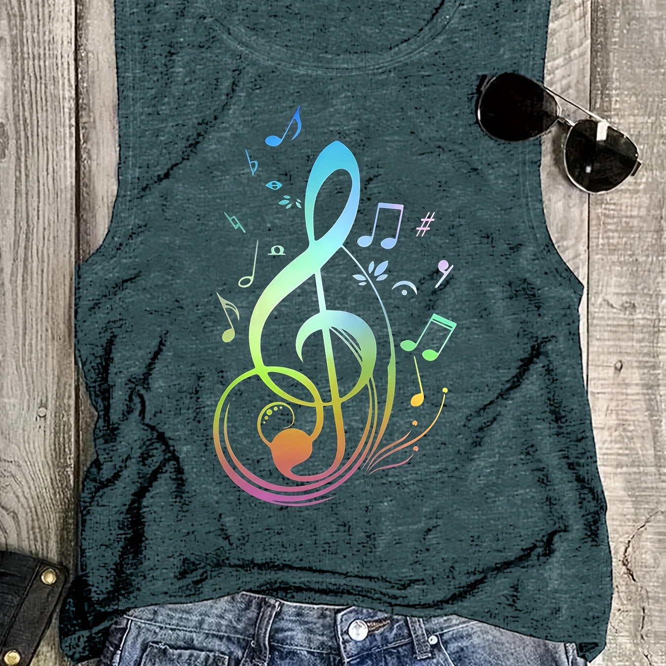 

Musical Note Print Tank Top, Sleeveless Casual Top For Summer & Spring, Women's Clothing