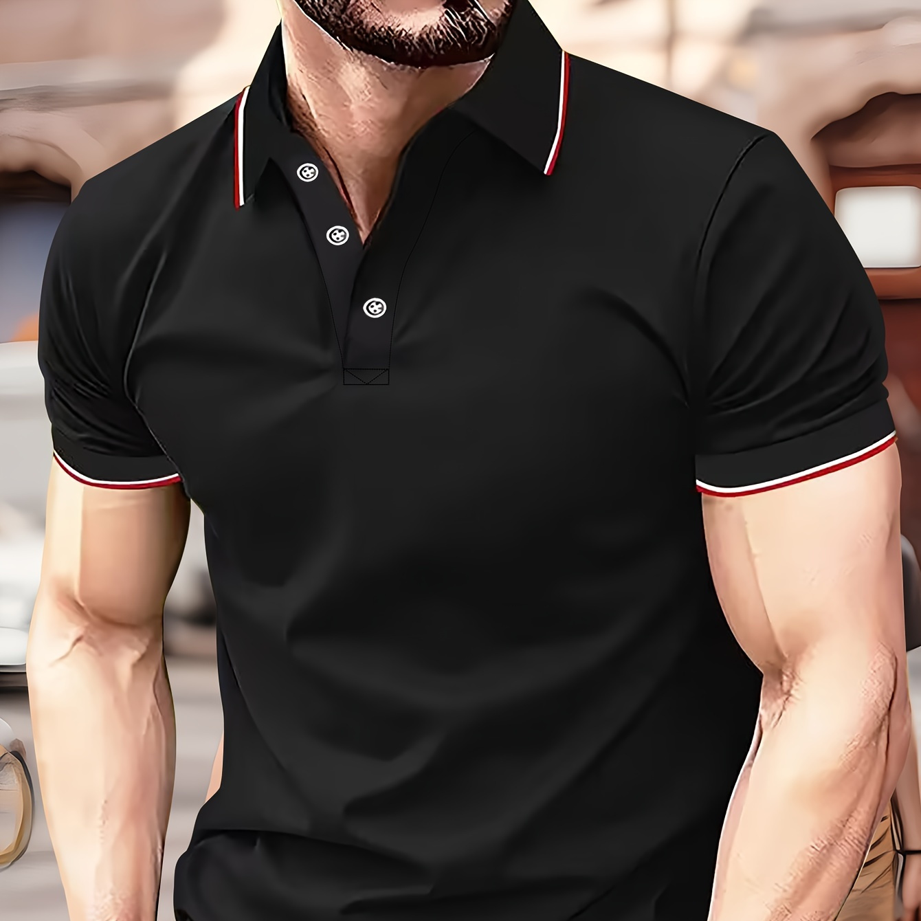 

Men's Solid Color Casual Comfy Trendy Fit Tipped Cuffs Golf Shirt, Mens Golf Shirt Tennis Shirt, Mens Clothing