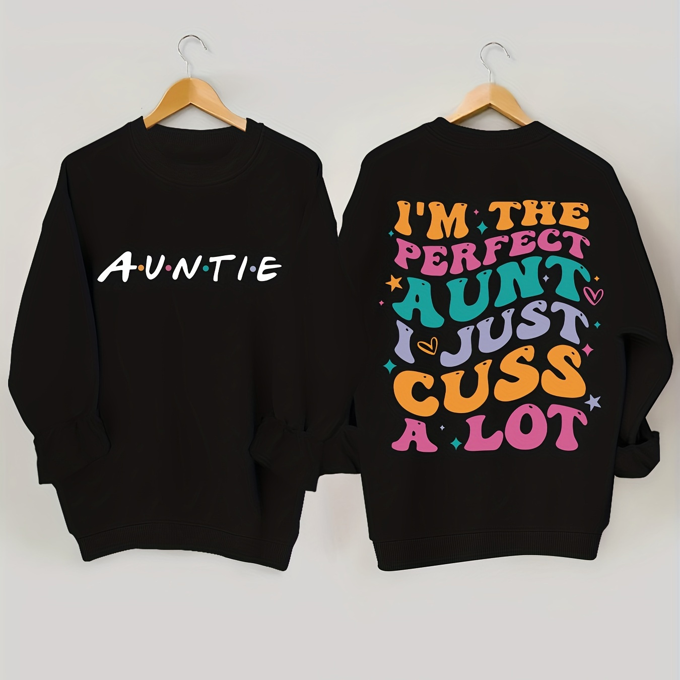 

Plus Size Auntie Print Pullover Sweatshirt, Casual Long Sleeve Crew Neck Sweatshirt For Fall & Spring, Women's Plus Size Clothing