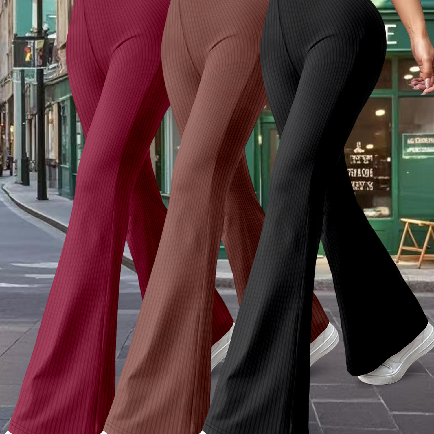 

3-pack K11 Women's High-waisted Flare Leg Pants, 96% Polyester 4% Spandex Knit Fabric, Solid Color Stretchy Yoga Trousers, Casual Adult Bell Bottoms