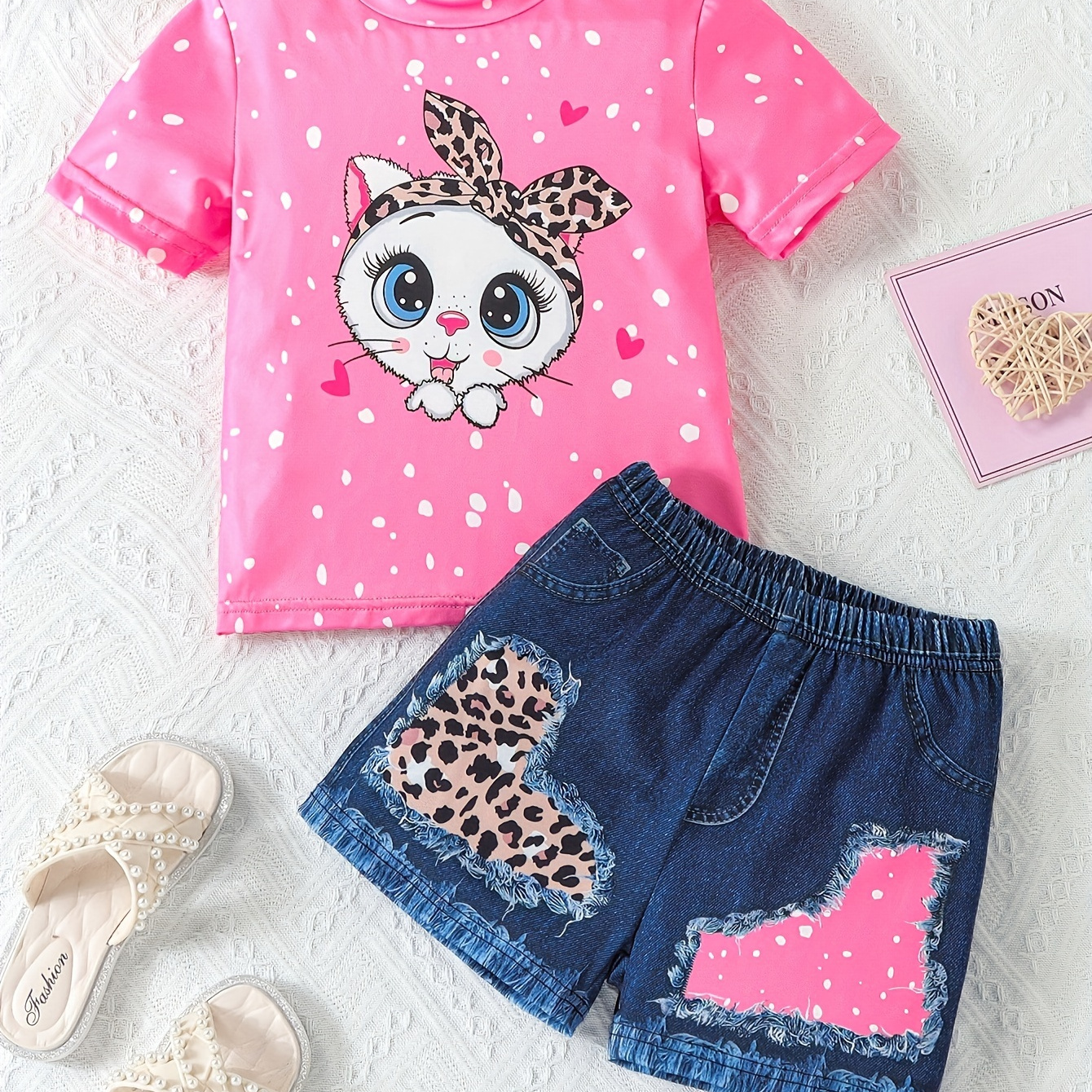 

Bowknot Kitty Print Girls 2pcs Short Sleeve Top + Imitation Denim Print Legging Shorts Set, Casual Holiday Summer Outfit