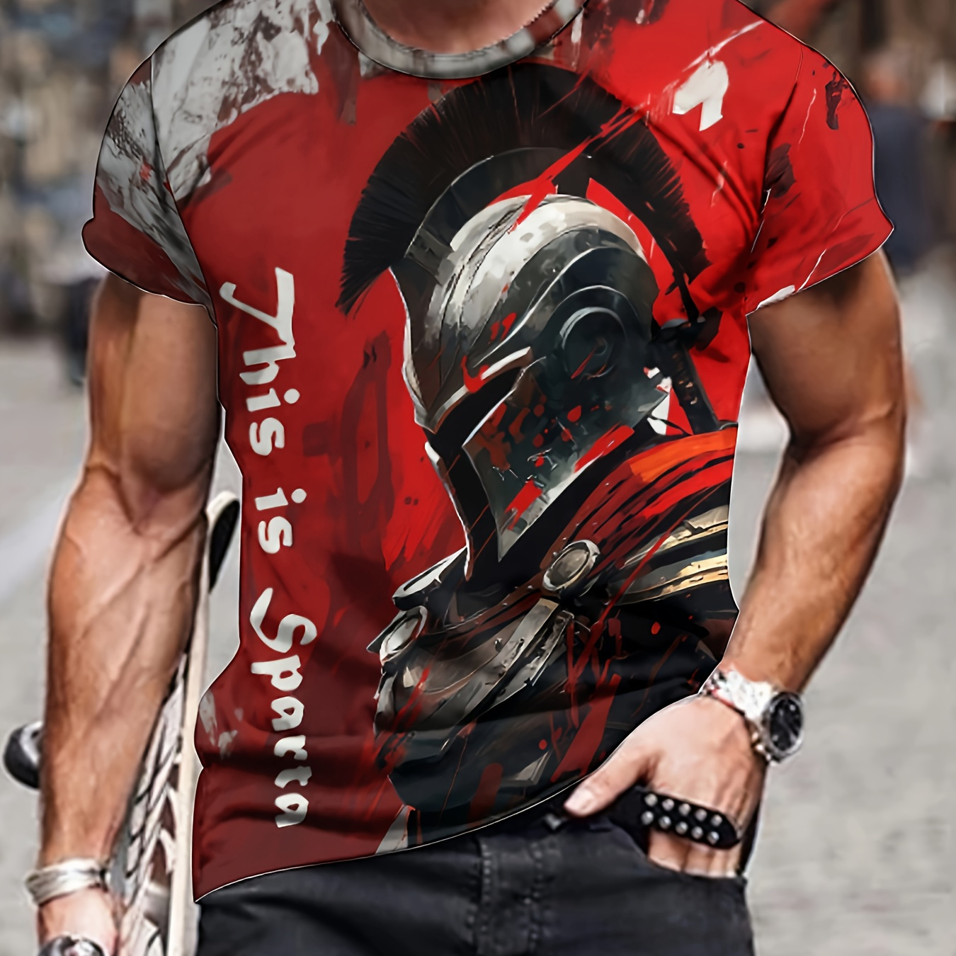 

Men's 3d Sparta Knight Graphic T-shirt, Casual Slightly Stretch Breathable Tee For Outdoor