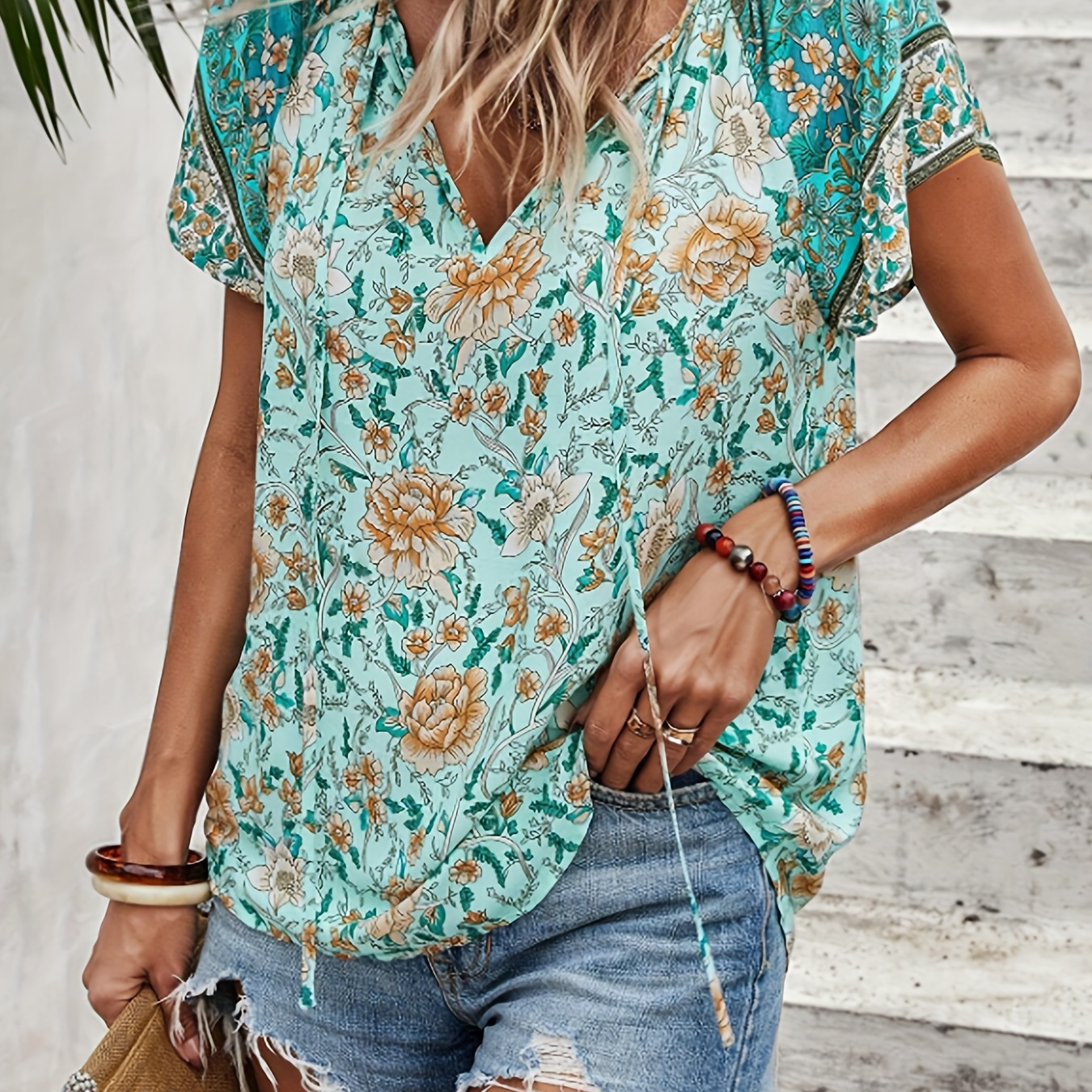 

Floral Print V Neck Lace Up Blouse, Casual Short Sleeve Top For Spring & Summer, Women's Clothing