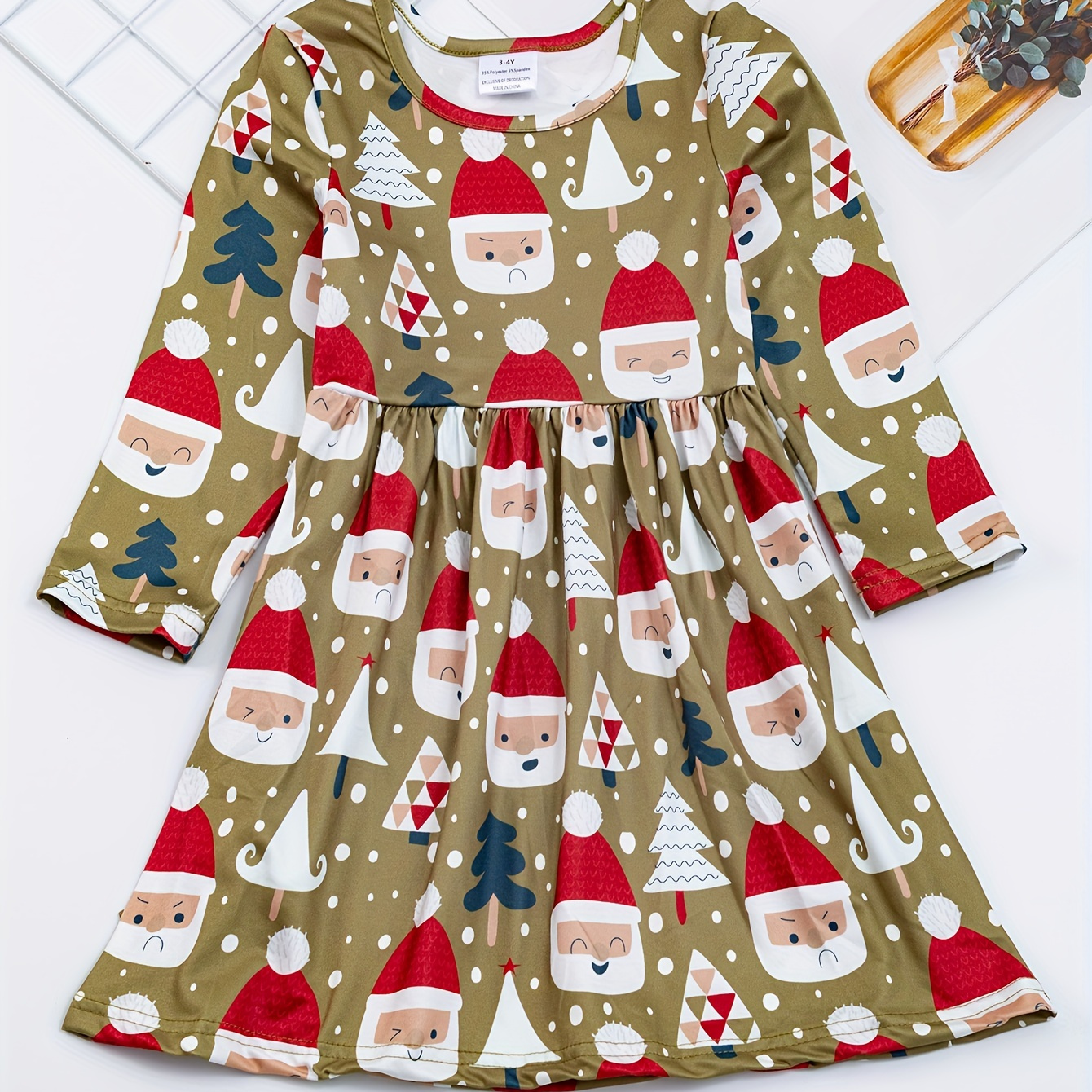 

Santa Claus Print Crew Neck Dress Cute Girls' Dress For Christmas Party Fall