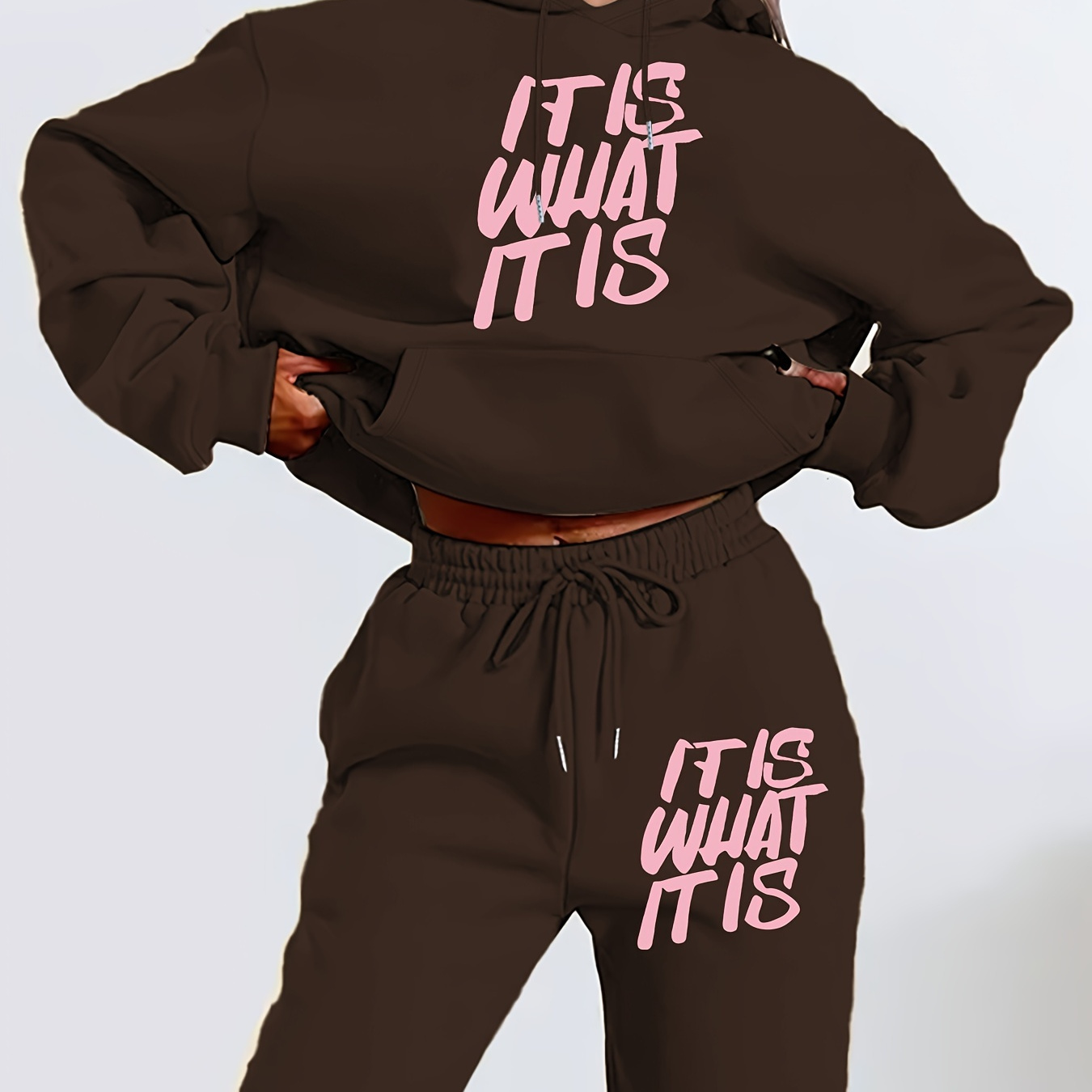 

Women's Hooded Tracksuit Set With Geometric Letter Print, , 100% Polyester Knit Fabric, Fall/winter Long Sleeve Sweater And Pants With Pockets