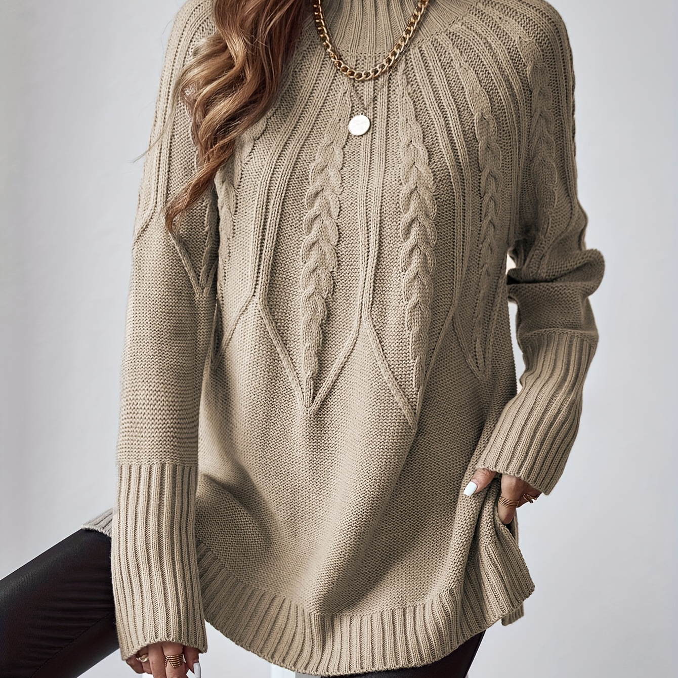 

Cozy Cable Knit Turtleneck Sweater For Women - Casual Solid Color, Long Sleeve Pullover, Fall/winter