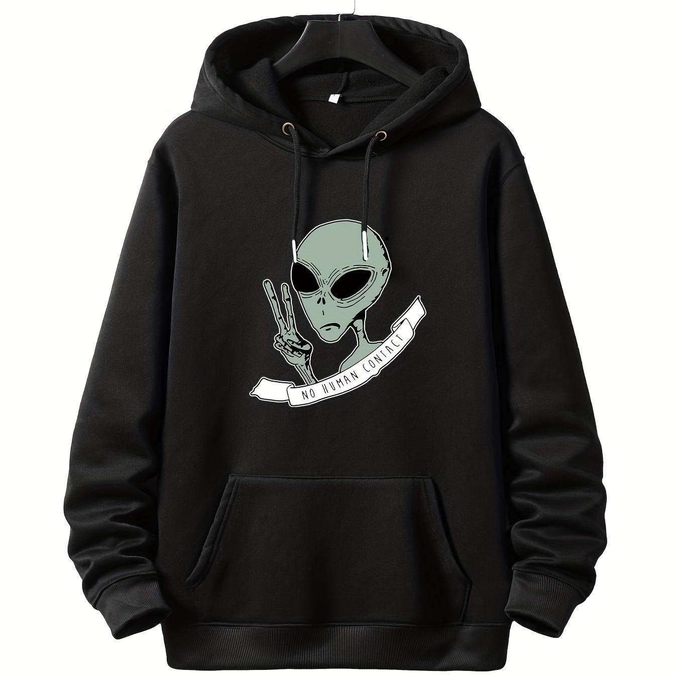 

Plus Size Men's Alien And Yeah Gesture Pullover Drawstring Hoodie, Oversized Loose Clothing For Big And Tall Guys