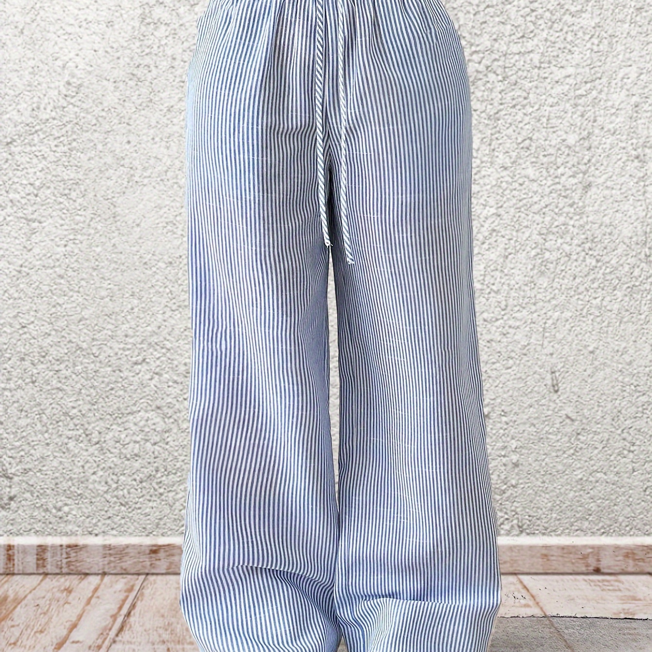 

Blue And White Striped Casual Pants - Polyester 80%, Cotton 20% - Wide-leg Trousers - Loose Fit Woven Fabric - Adult Unisex Style