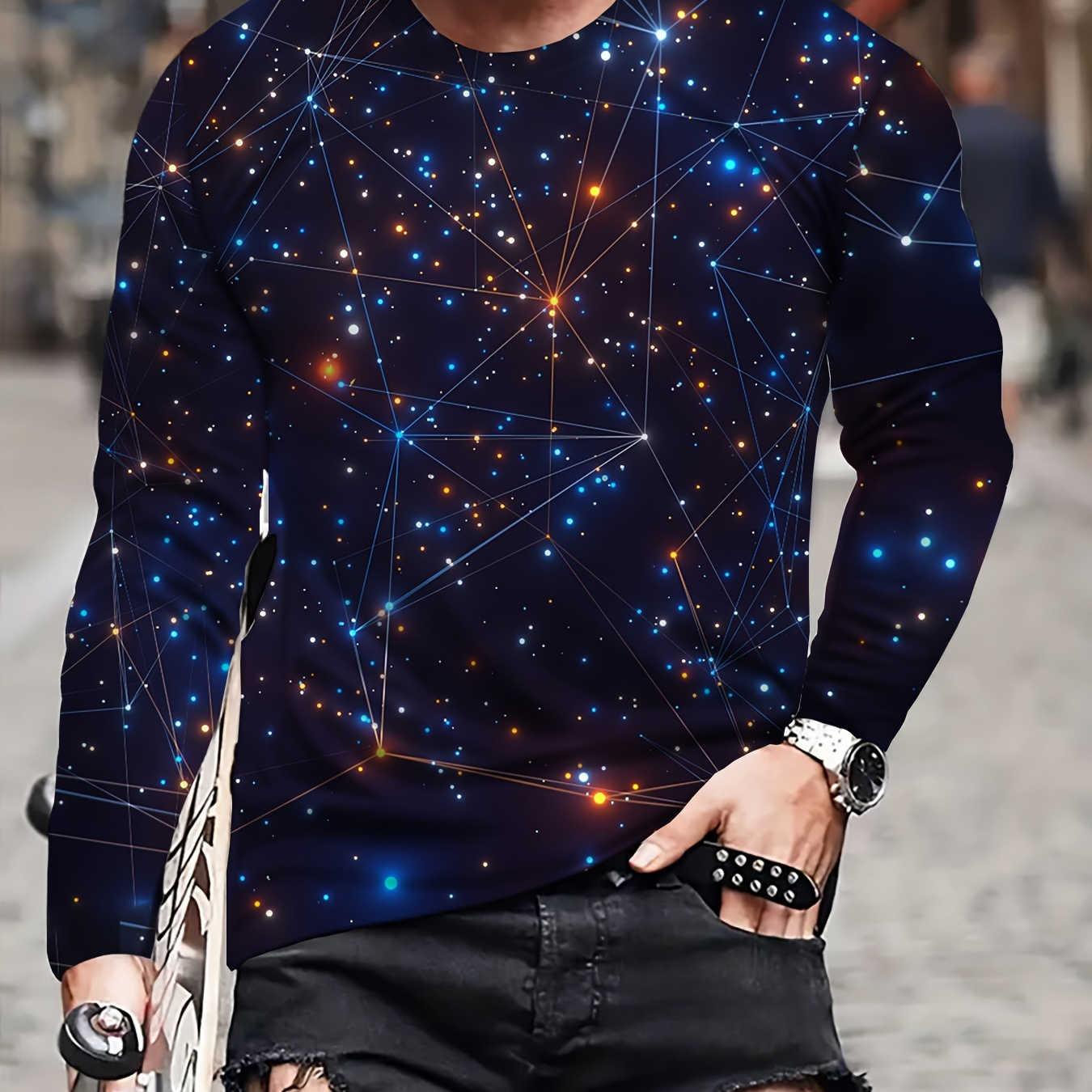 

Starry Universe Pattern Men's Trendy Long Sleeve Crew Neck T-shirt, Spring Fall Outdoor