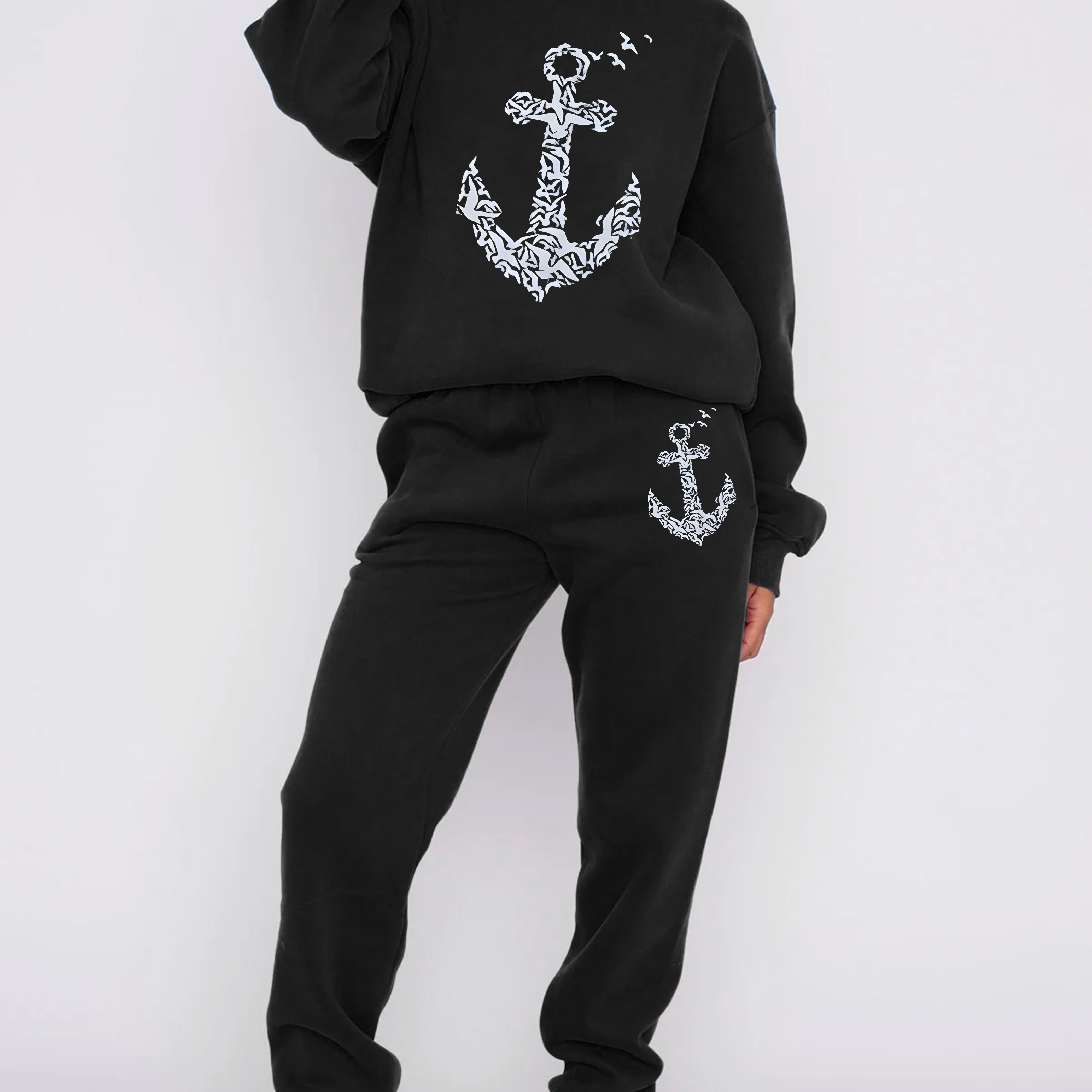 

Anchor Print Casual Two-piece Set, Long Sleeve Hoodies & Fitted Bottom Pants, Women's Clothing