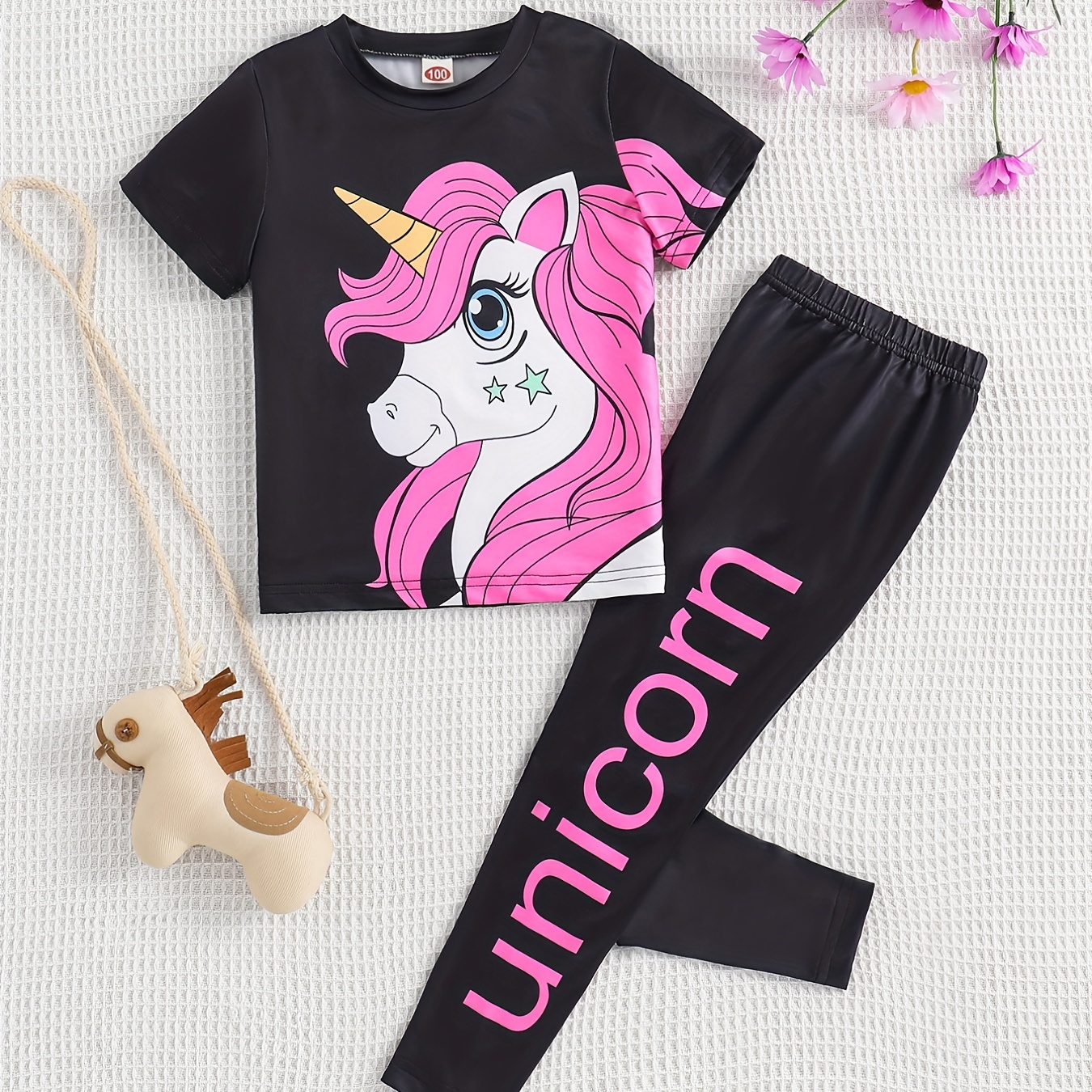 

Girl's 2pcs T-shirt & Elastic Waist Pants Set, Unicorn Print Short Sleeve Tee Top, Casual Outfits, Kids Clothes For Summer