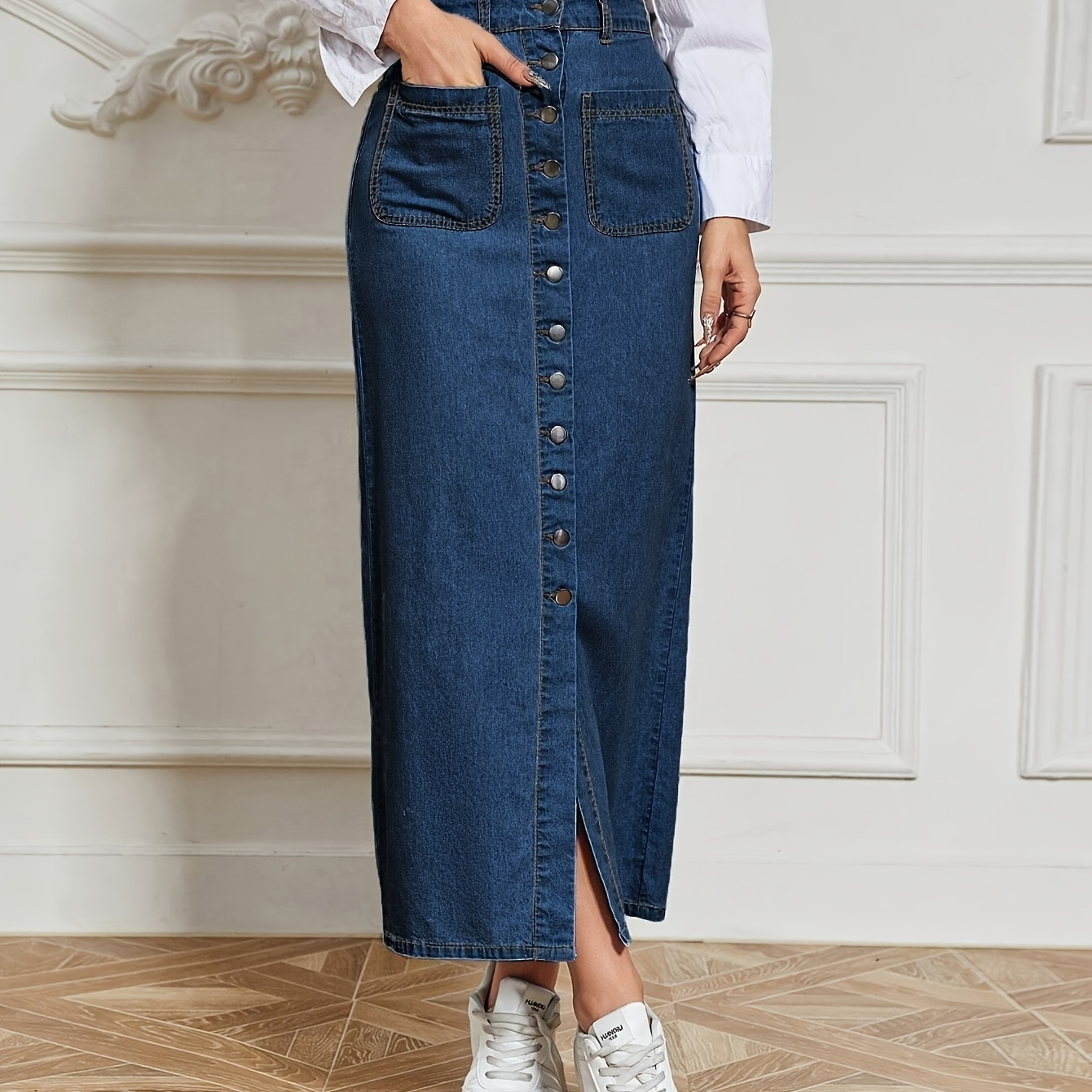 Jupe en Denim Extensible Mince et Sexy pour Femmes avec Boutons Multiples à l'Avant - Coupe Droite Mi-longue en Coton, Lavable en Machine pour Tenues Décontractées à Semi-formelles de Printemps Été Automne, Jupe Jeans, Tissu Résistant