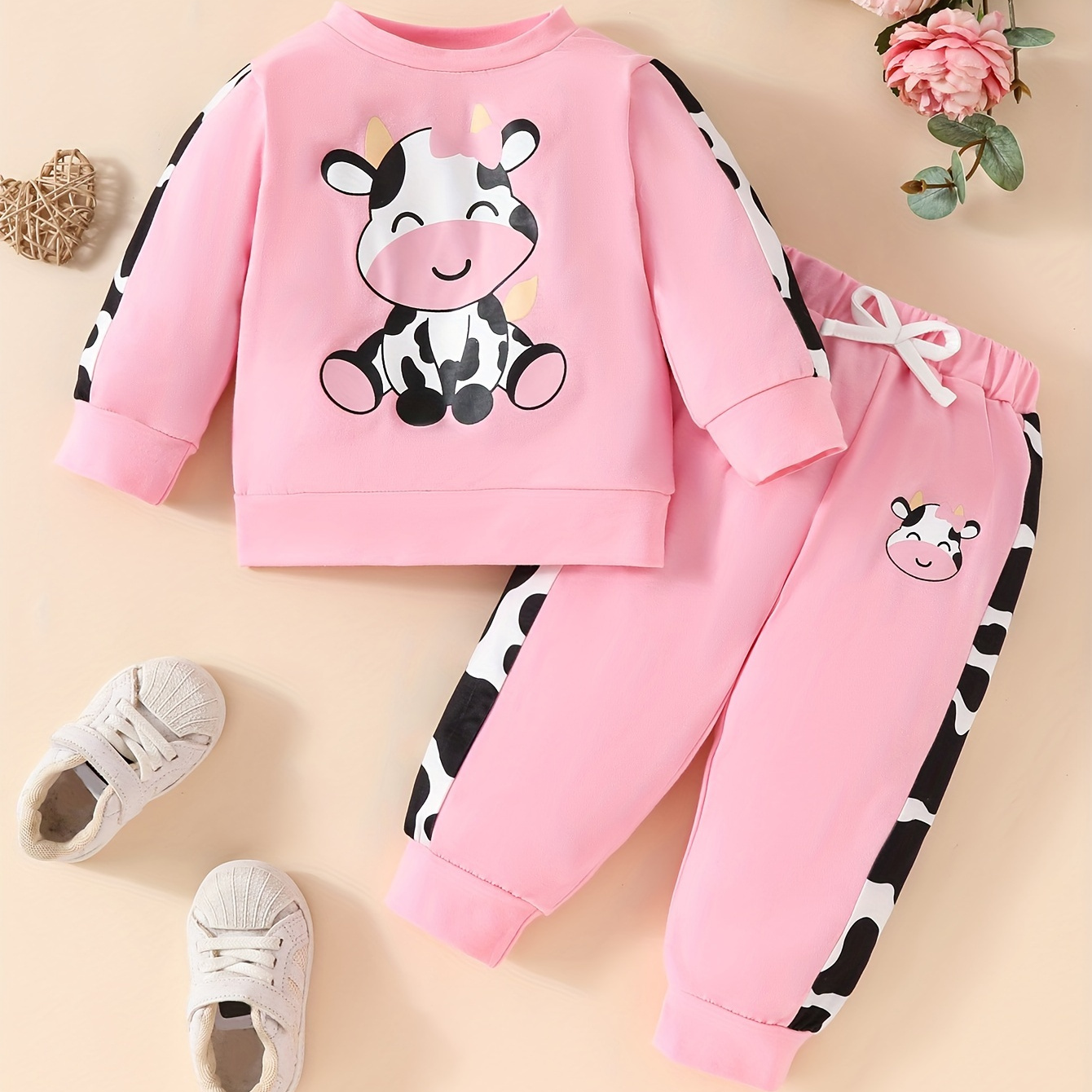 

2pcs Baby's Adorable Happy Cow Print Sweatshirt & Casual Sporty Style Pants Set, Toddler & Infant Girl's Clothes For Fall Spring
