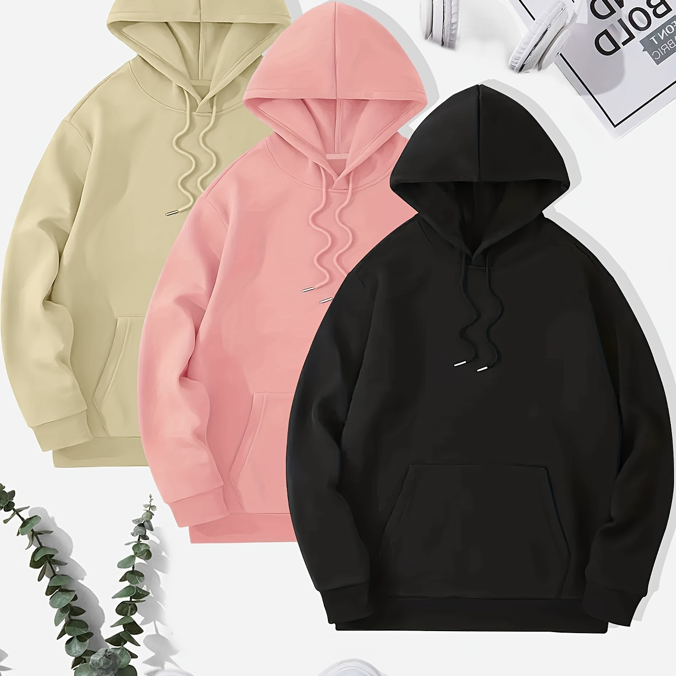 

3pcs Hoodies Set For Men, Men's Casual Solid Basic Hooded Sweatshirt Streetwear For Winter Fall, As Gifts