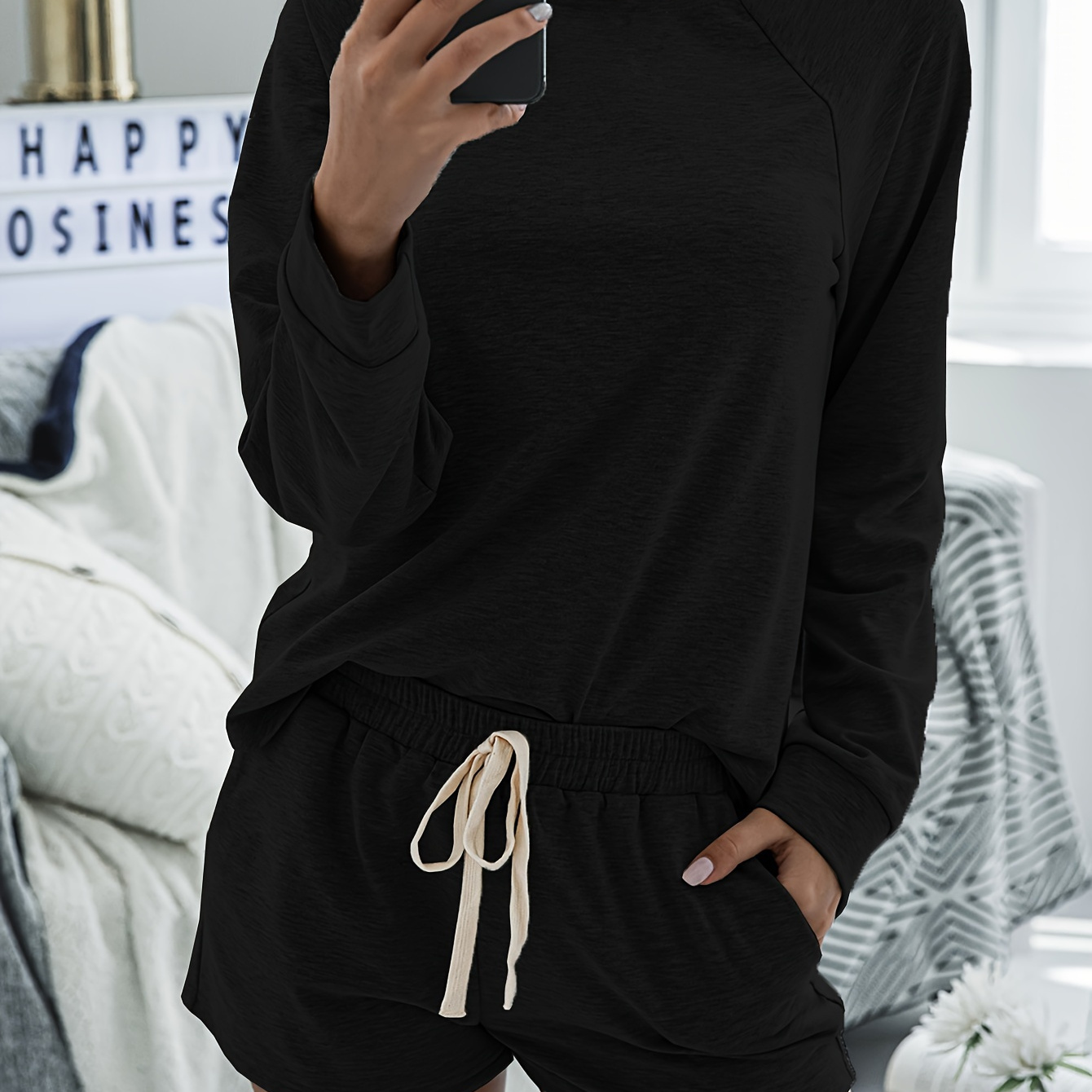 

Women's Soft & Comfy Lounge Set - Long Sleeve Crew Neck Top With Drawstring Shorts, High Stretch Polyester , Machine Washable, Short Pants