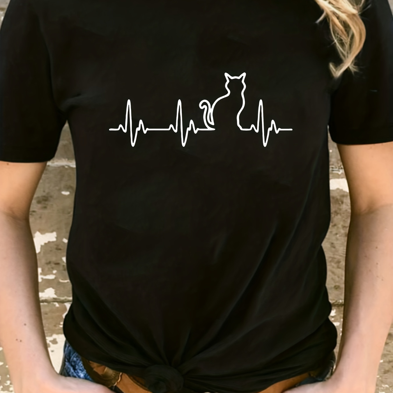 

Heartbeat Cat Print Crew Neck T-shirt, Casual Short Sleeve Summer Top, Women's Clothing